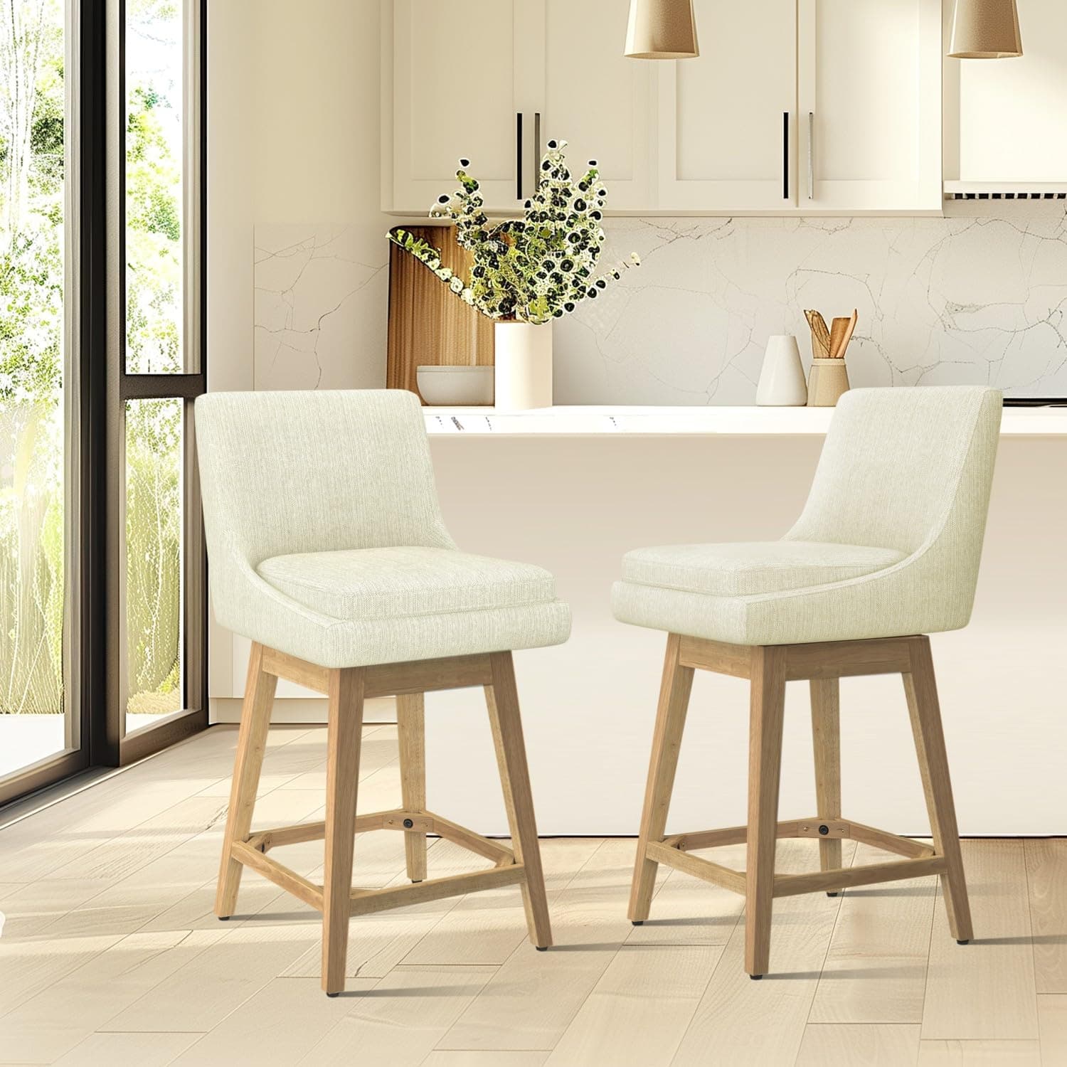 Swivel Barstool with Back, Memory Foam Upholstered Farmhouse Bar Stool - Linen Ivory