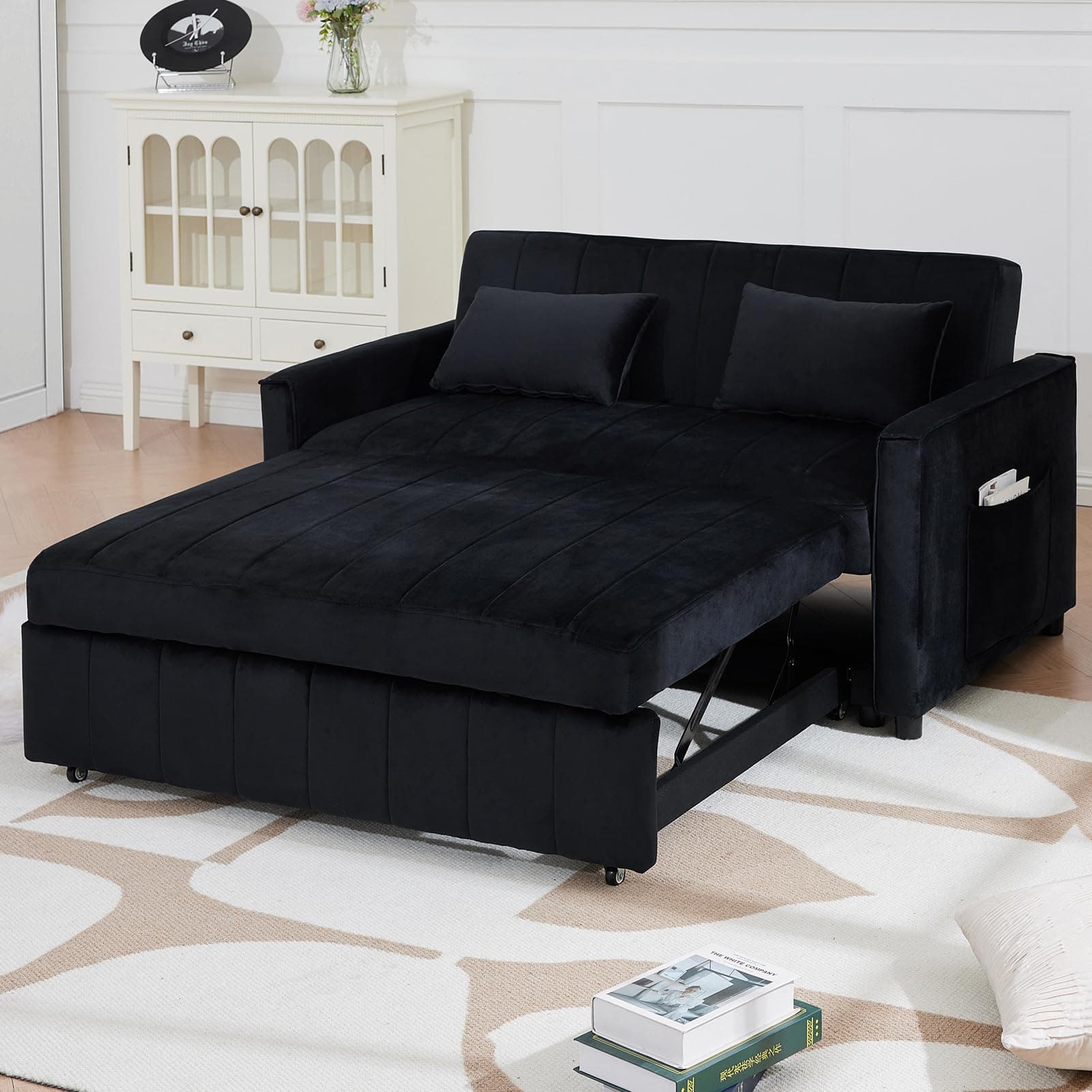 55.51" Black Velvet Futon Sofa Bed with Pullout Bed & Adjustable Backrest