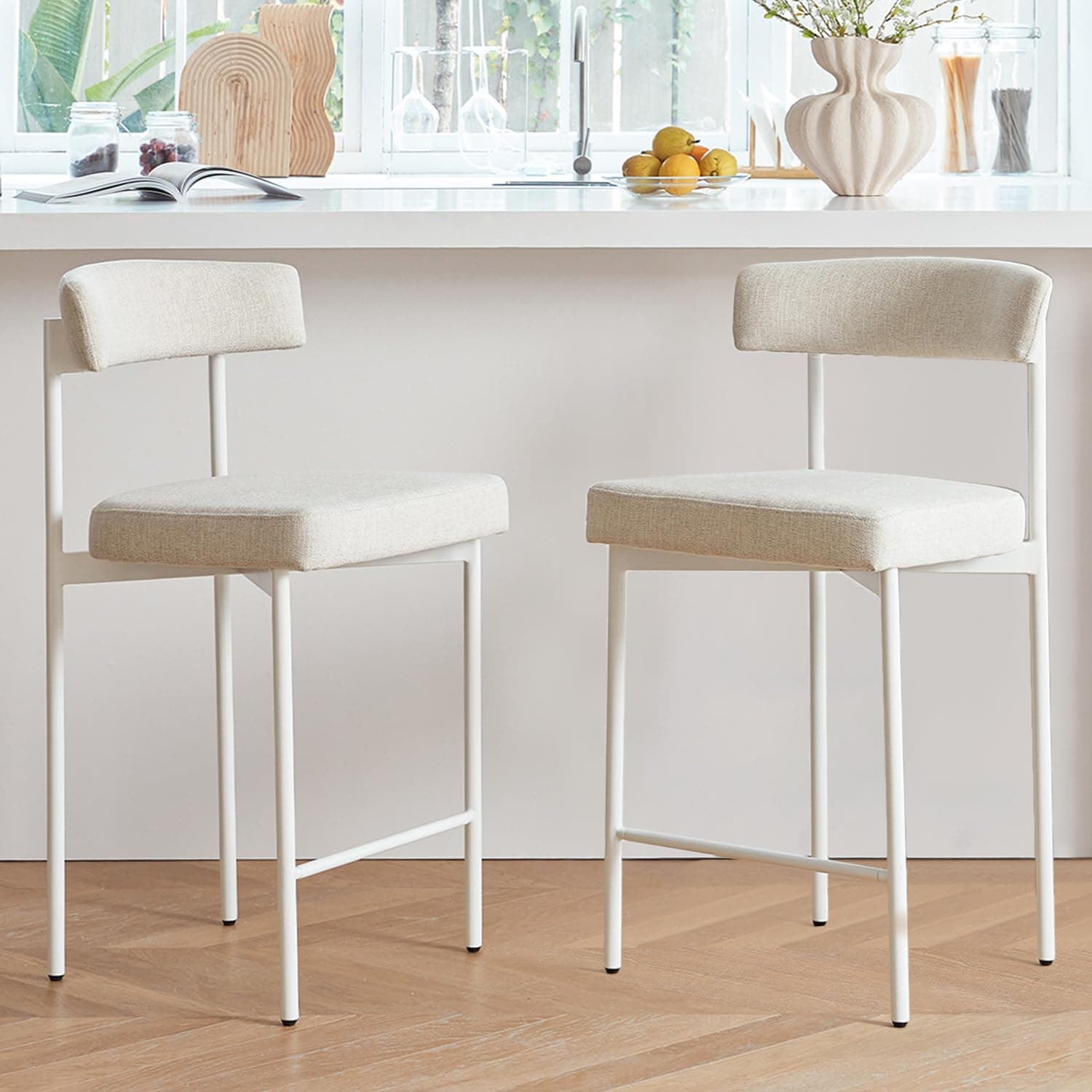 Beige Curved Back Bar Stools Set of 2, 24 Inch Counter Height