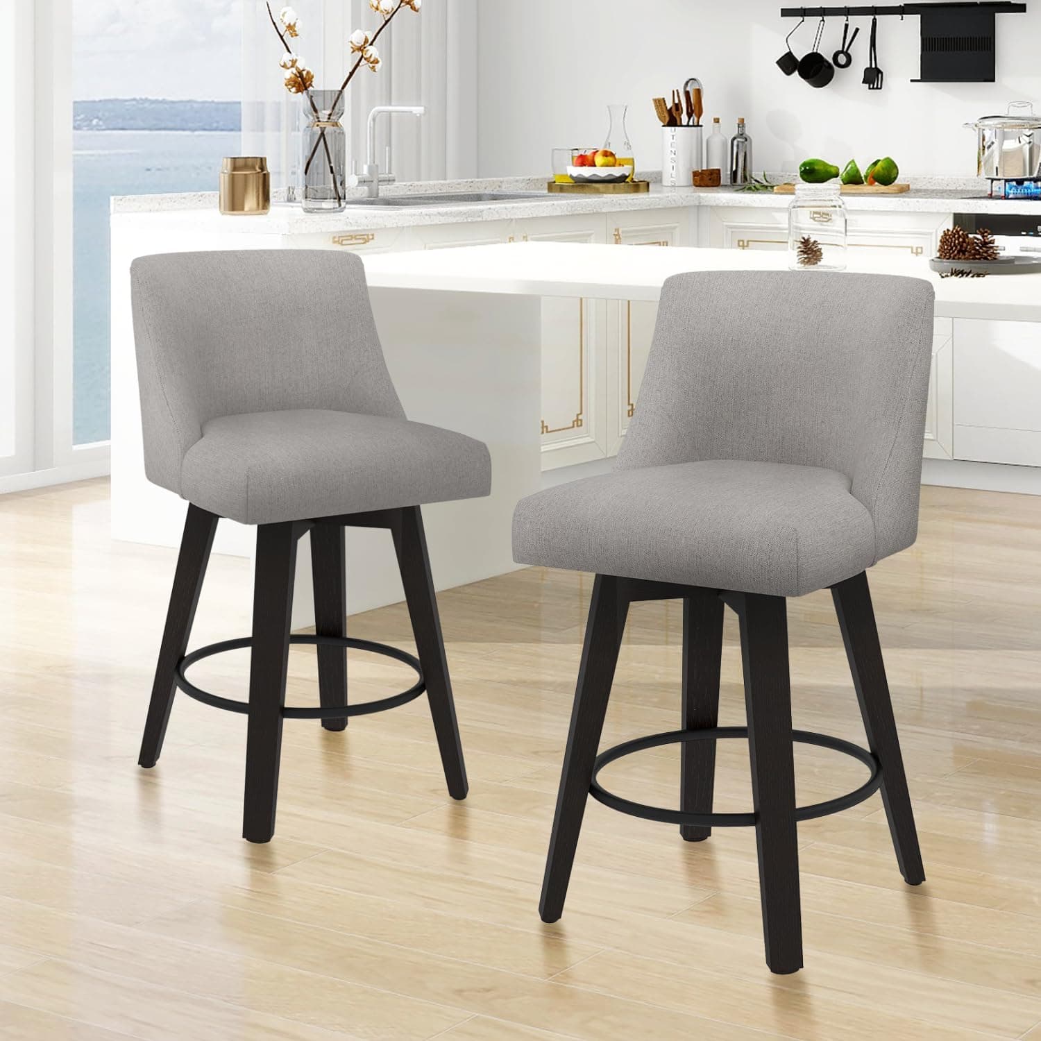 360° Swivel Counter Barstools, 26 Height Kitchen Island Stools Set of 2 with Thicken Cushion Back, Light Grey