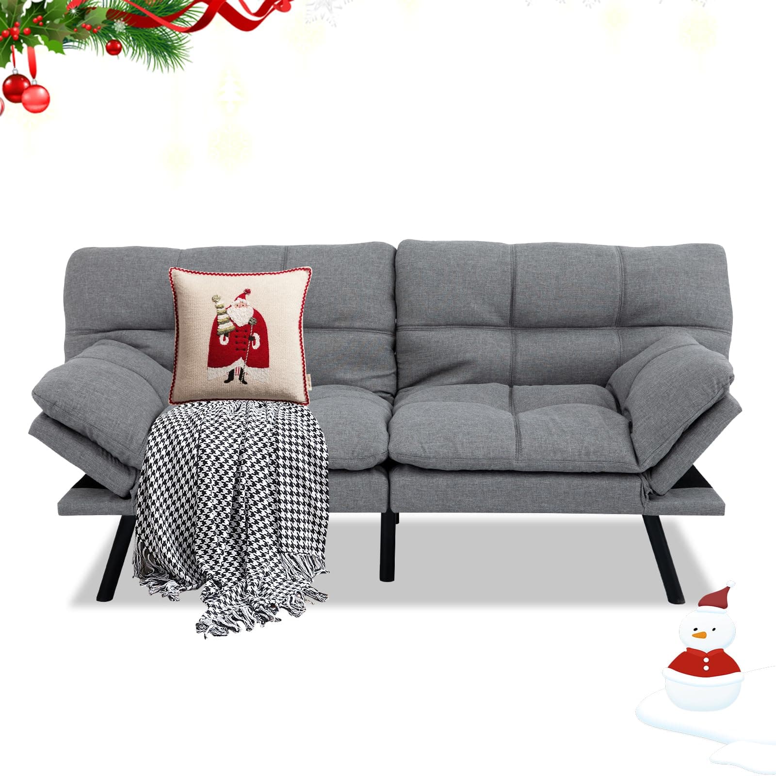 MUUEGM 71" Memory Foam Futon Sofa Bed, Adjustible Backrest, Light Grey Fabric