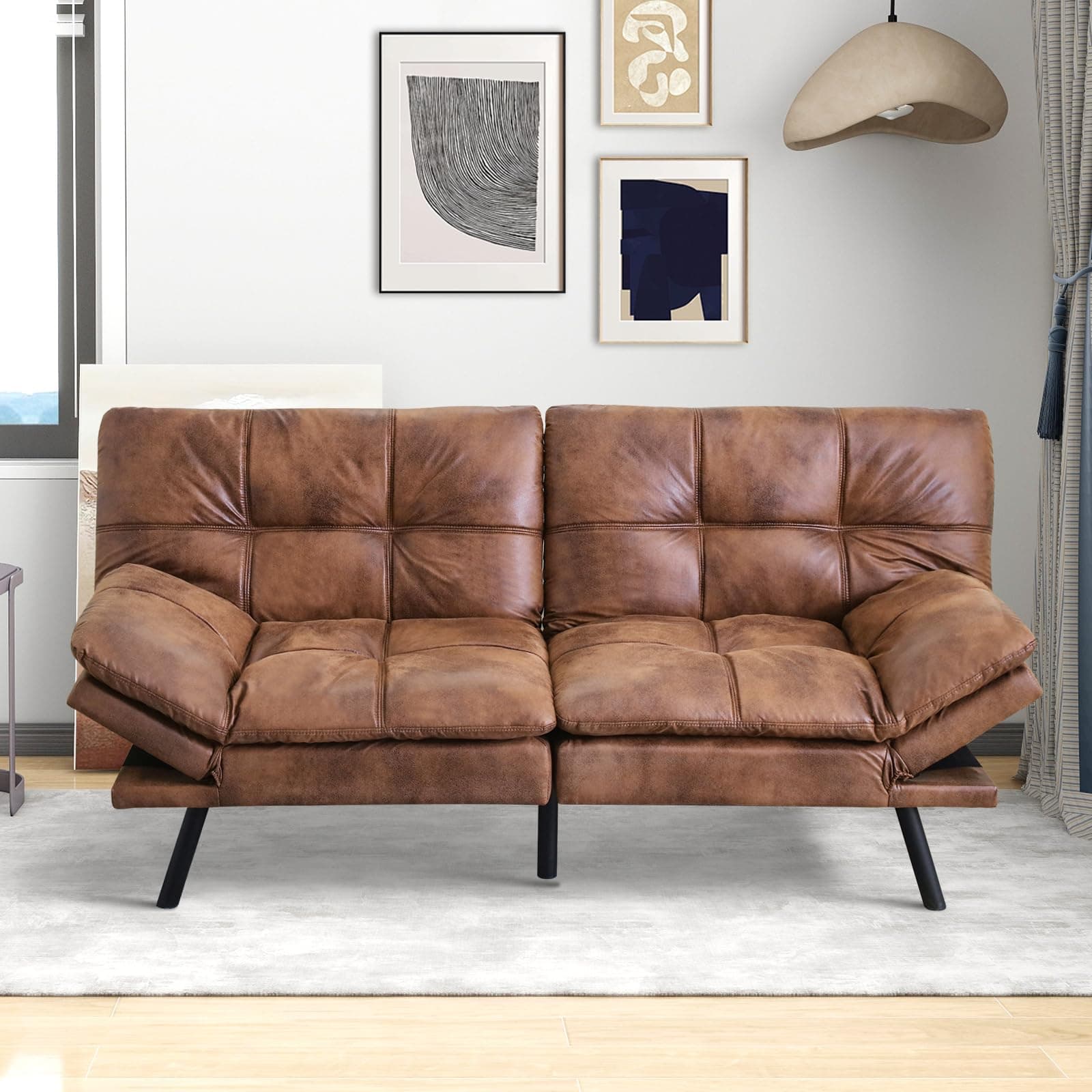 MUUEGM Futon Sofa Bed with Memory Foam, Modern Faux Leather, Adjustable Backrests and Armrests, Brown