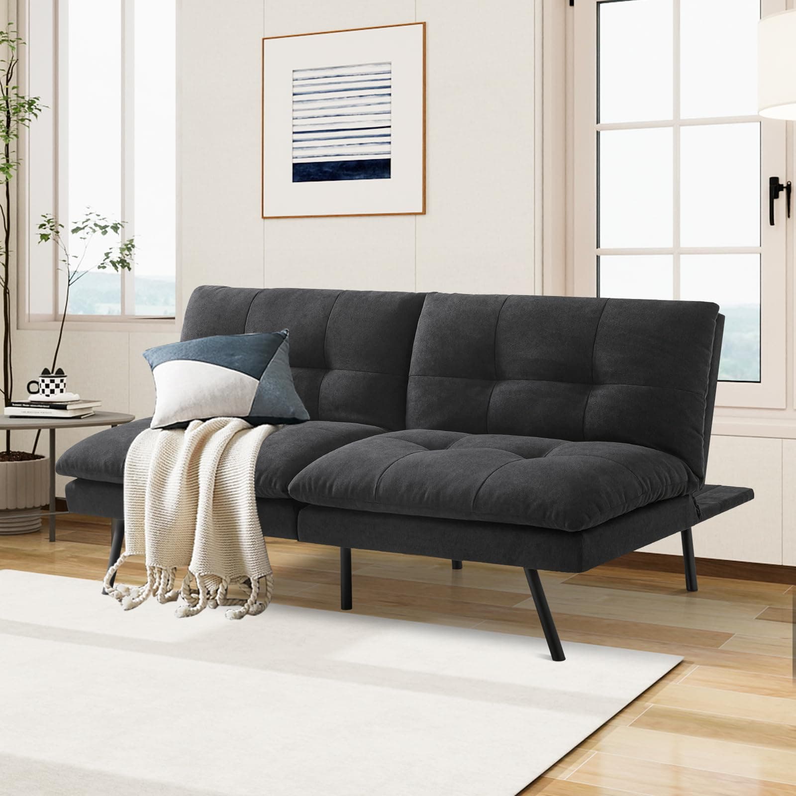 MUUEGM Adjustable Backrest Folding Futon Couch, Memory Foam Black Sofa Bed