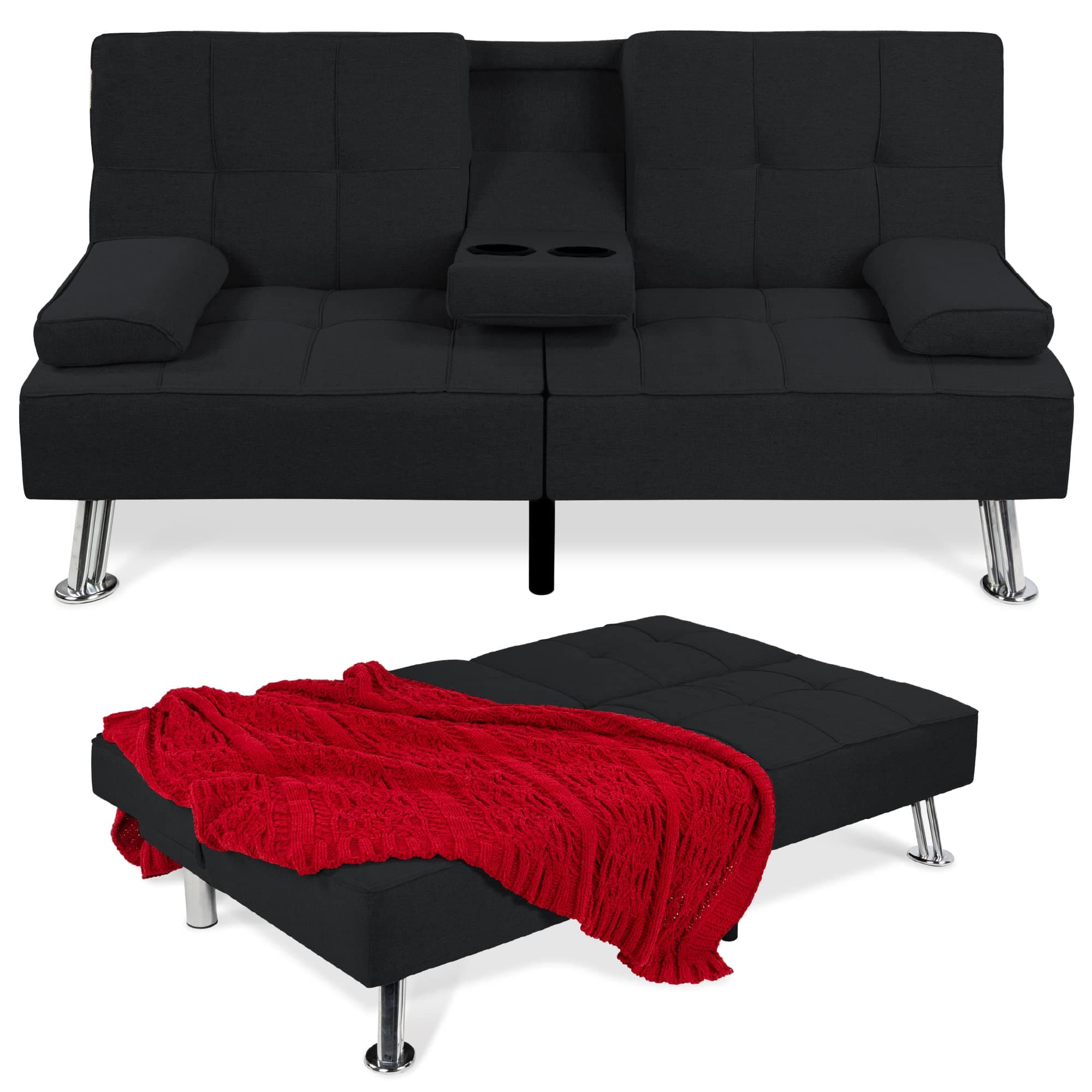 Best Choice Products Reclining Linen Folding Futon Sofa Bed, 2 Cupholders - Black