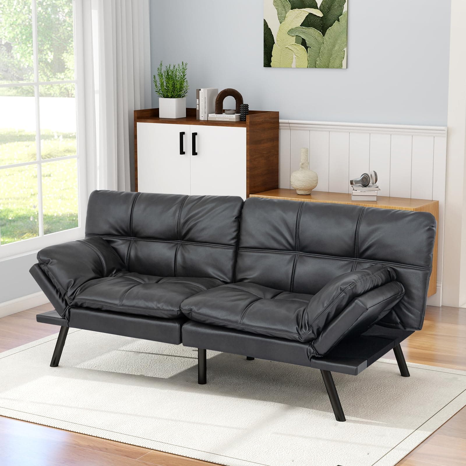 MUUEGM 71" Reversible Recliner Sofa Bed, PU Leather Matte Black