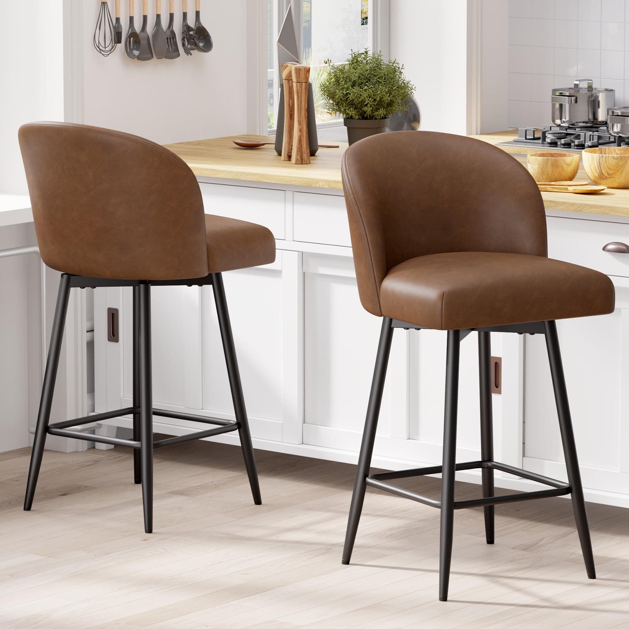 26" High Back Swivel Bar Stools, Set of 2, Yellow Brown, Kitchen Island, Dining Room