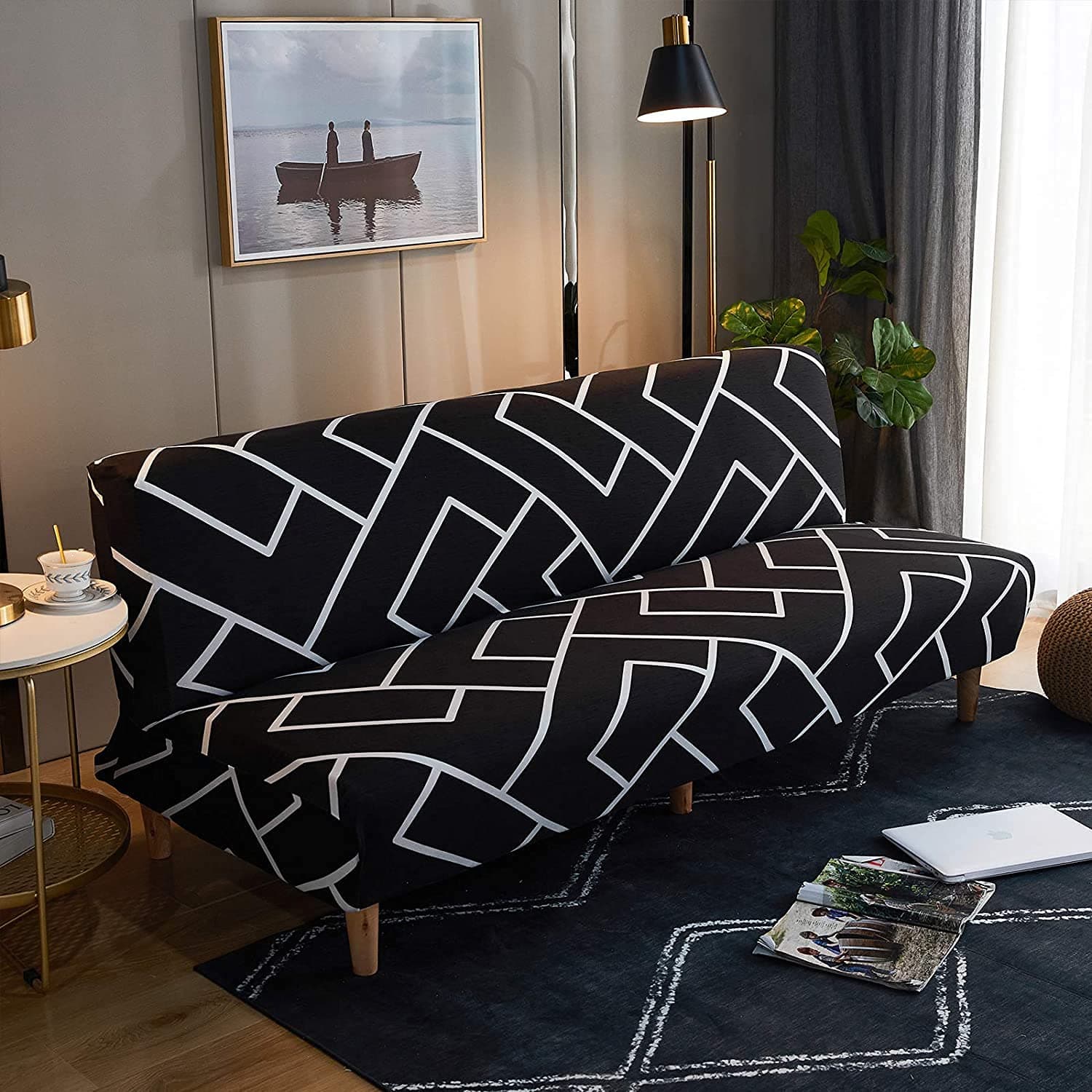 Armless Futon Slipcovers Stretch Sofa Bed Cover with Elastic Bottom, Printed Furniture Protector for Pets & Kids