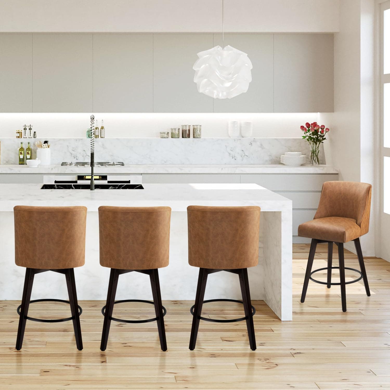 Set of 4 Modern Swivel Bar Stools with High Backrest, Faux Leather for Bar, Kitchen, Dining Room