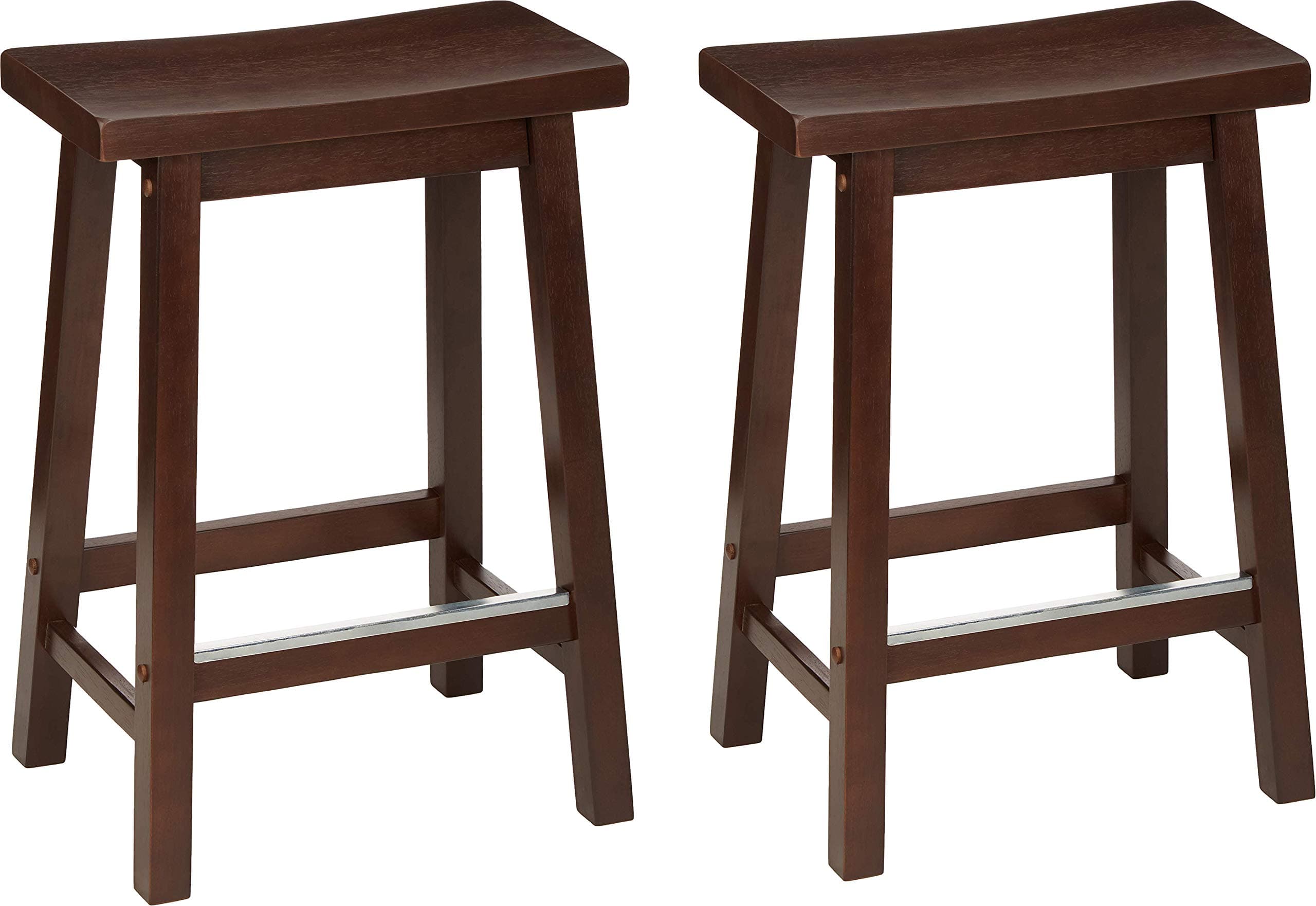 Amazon Basics 24" Walnut Finish Solid Wood Saddle-Seat Kitchen Barstool Set of 2