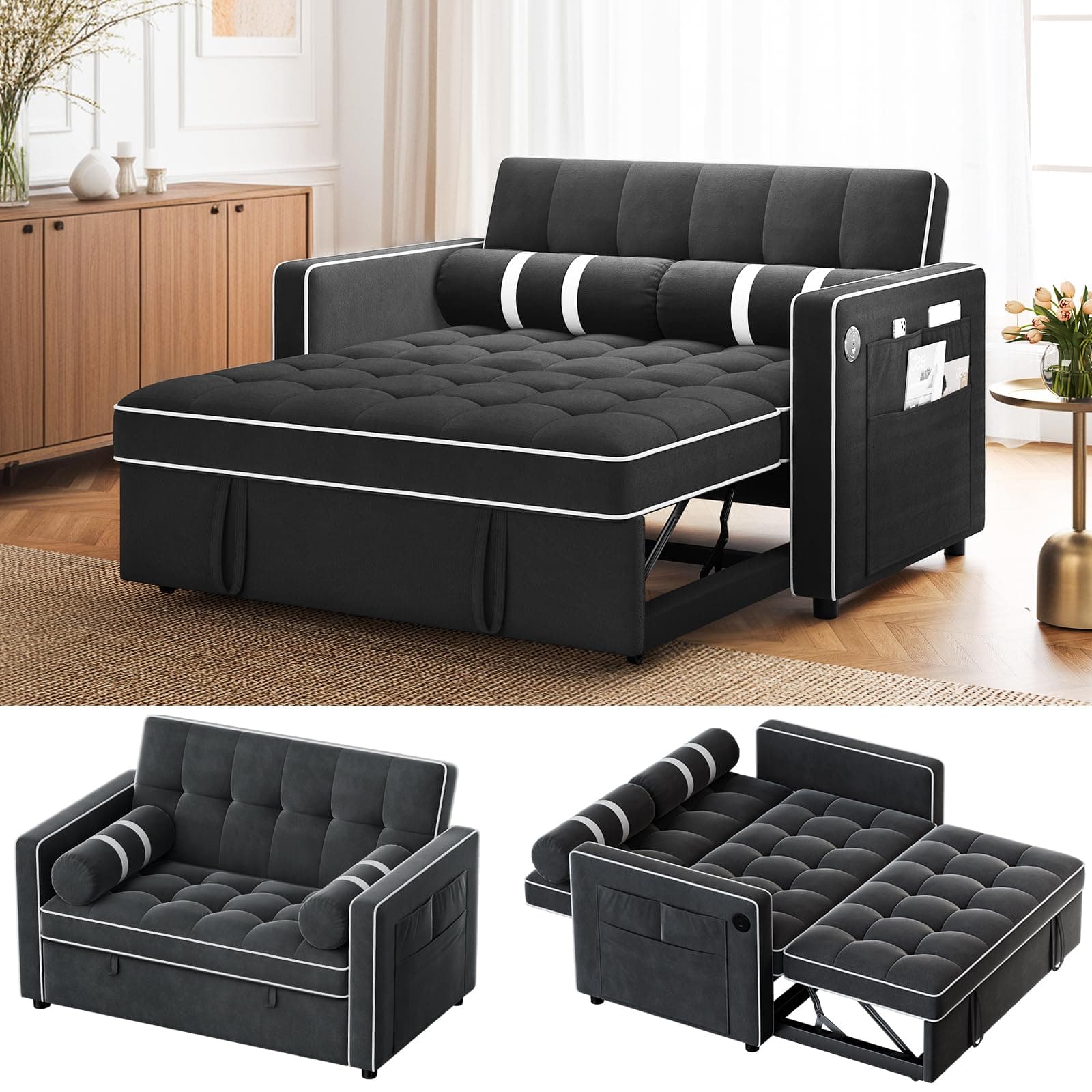 Amada 3 in 1 Convertible Sleeper Sofa Bed, Living Room Futon with USB Ports & Side Pocket, Black