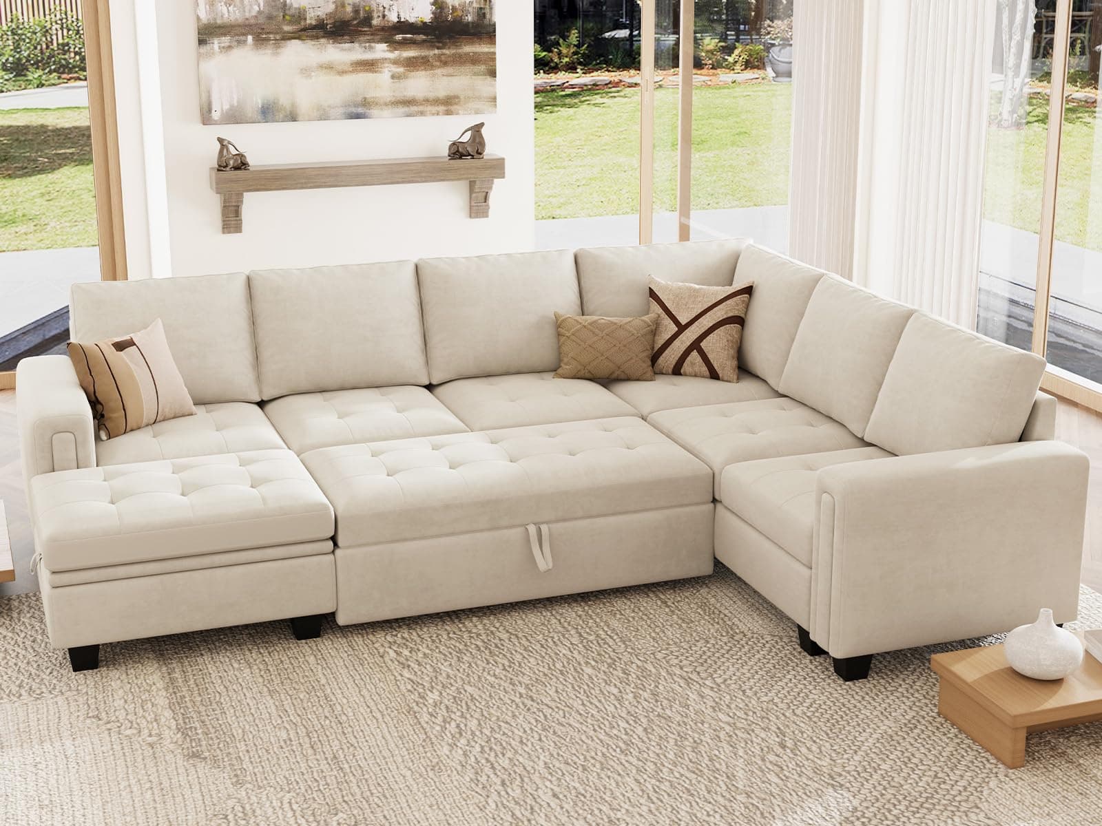 Belffin Beige Modular Sectional Sleeper Sofa with Storage Ottomans