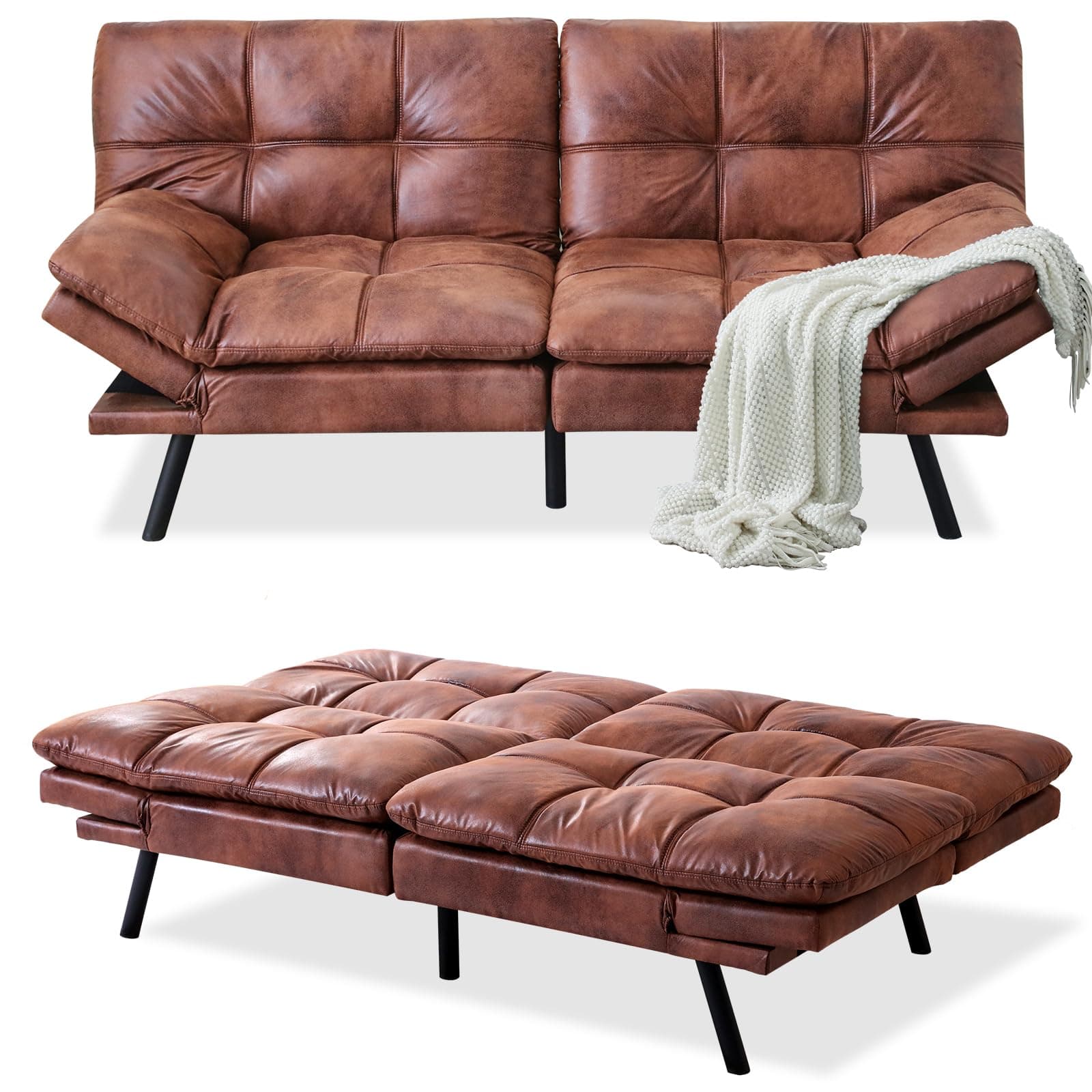 Convertible Futon Sofa Bed with Memory Foam and Adjustable Backrest