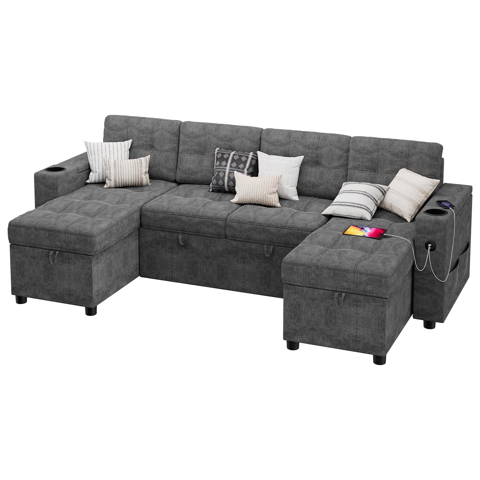 GAOMON Dark Gray 112" U-Shaped Sleeper Sofa with Storage Chaise & Charging Ports