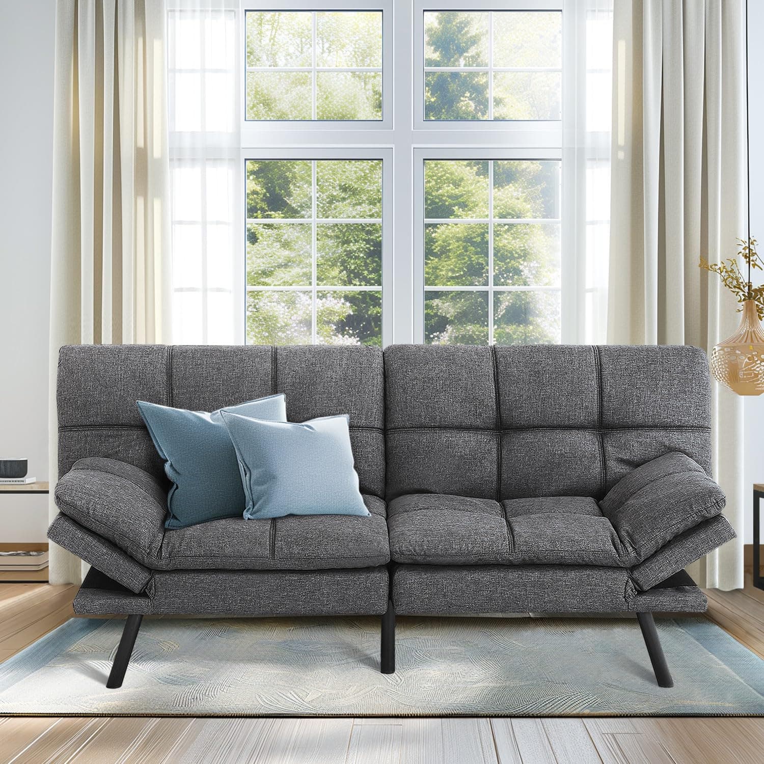 MUUEGM 71-Inch Convertible Memory Foam Futon Sofa Bed with Armrests for Small Spaces - Dark Grey