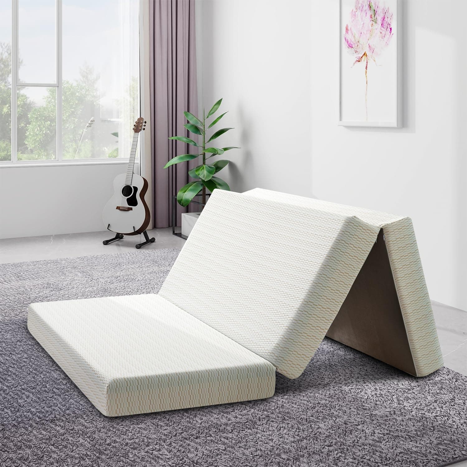 6 Inch Tri Folding Memory Foam Mattress Topper, Queen Size Foldable with Washable Cover and Storage Bag for Guests, Yoga, Camping, RV