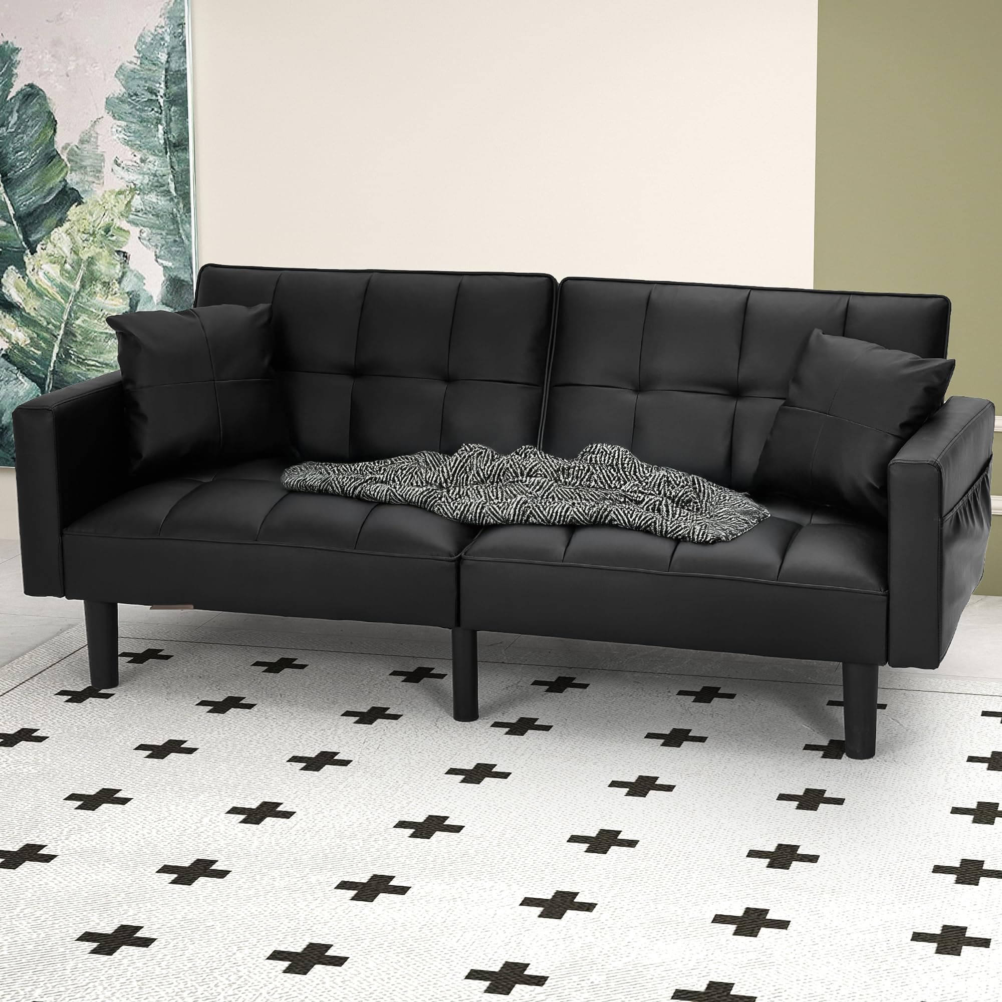 ECOTOUGE Convertible Sofa Bed with Adjustable Back, Black