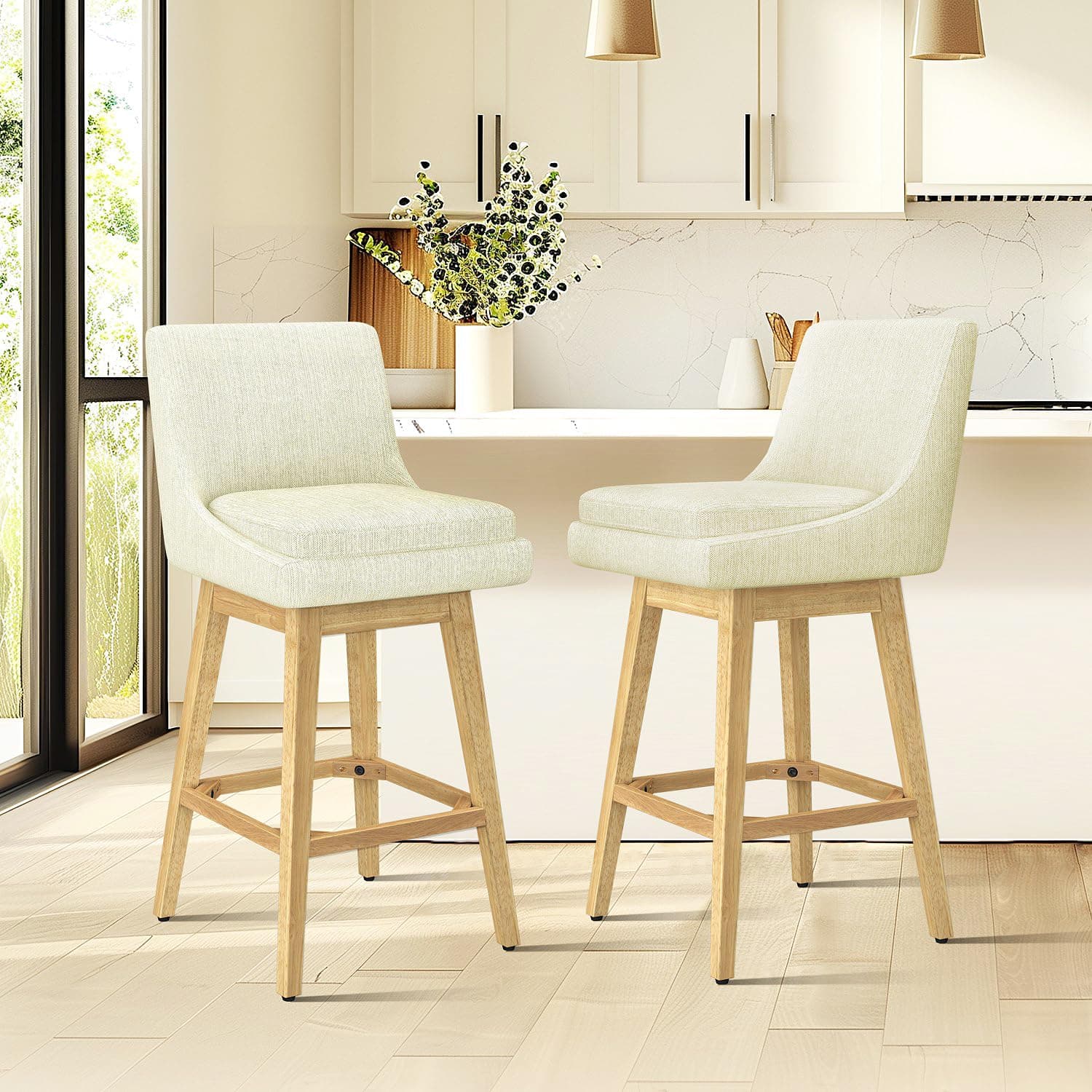 Farmhouse Swivel Barstool Set of 2 with Memory Foam Upholstery and Backrest