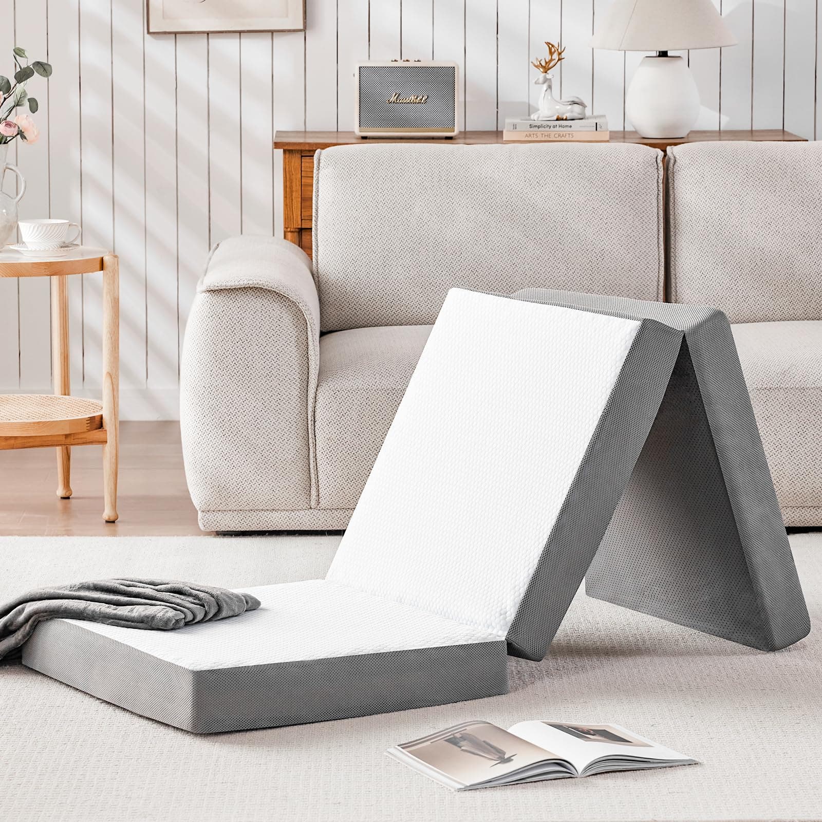 Portable Tri-Fold Memory Foam Mattress Toper with Storage Bag & Blanket