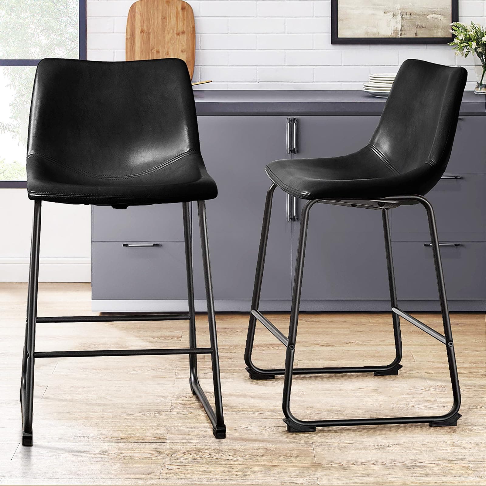 PUKAMI Black Counter Height Bar Stool Set (26") with Back & Faux Leather