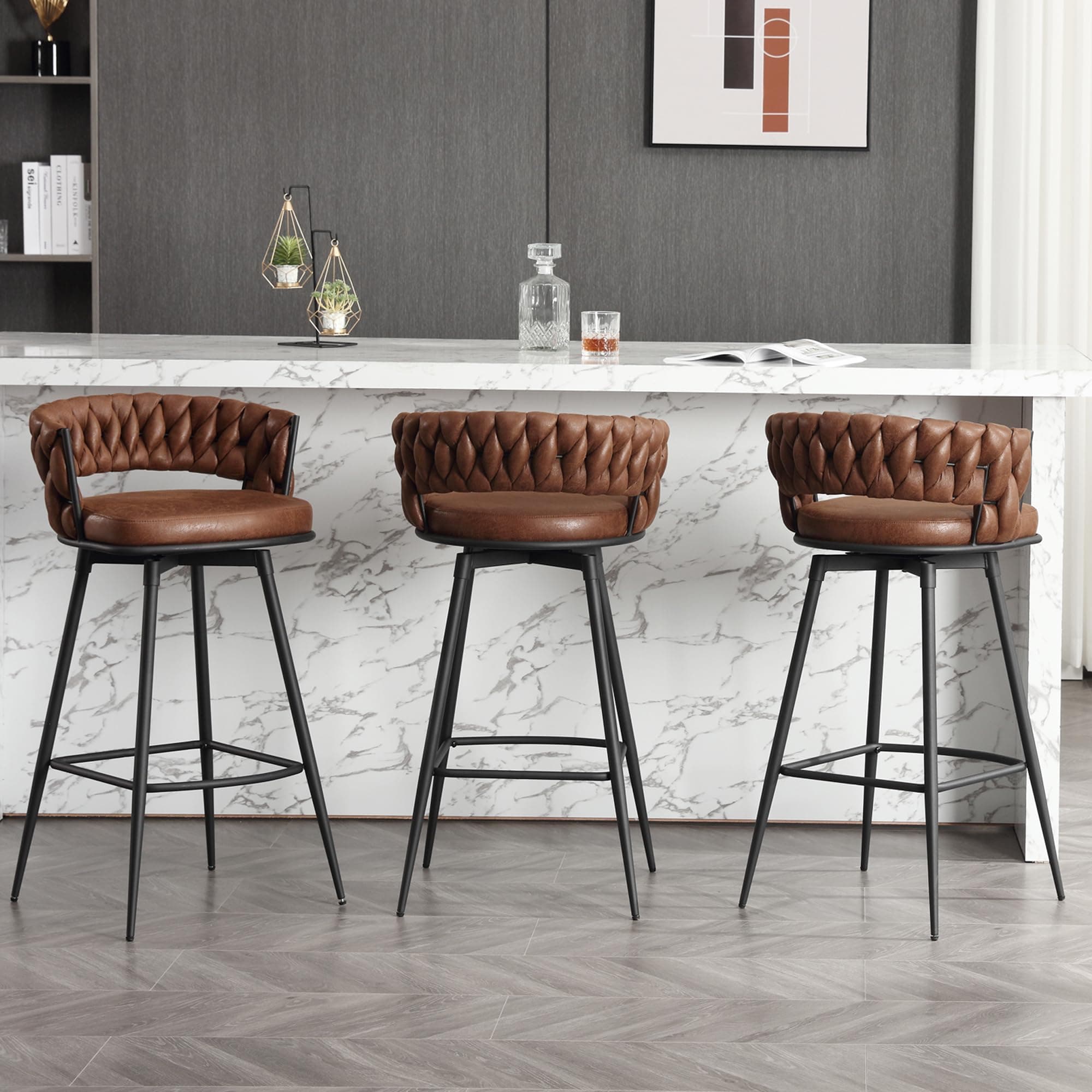 BFZ 26inch Modern Swivel Bar Stool Set, Suede Woven Back Footrest, Kitchen Island Furniture