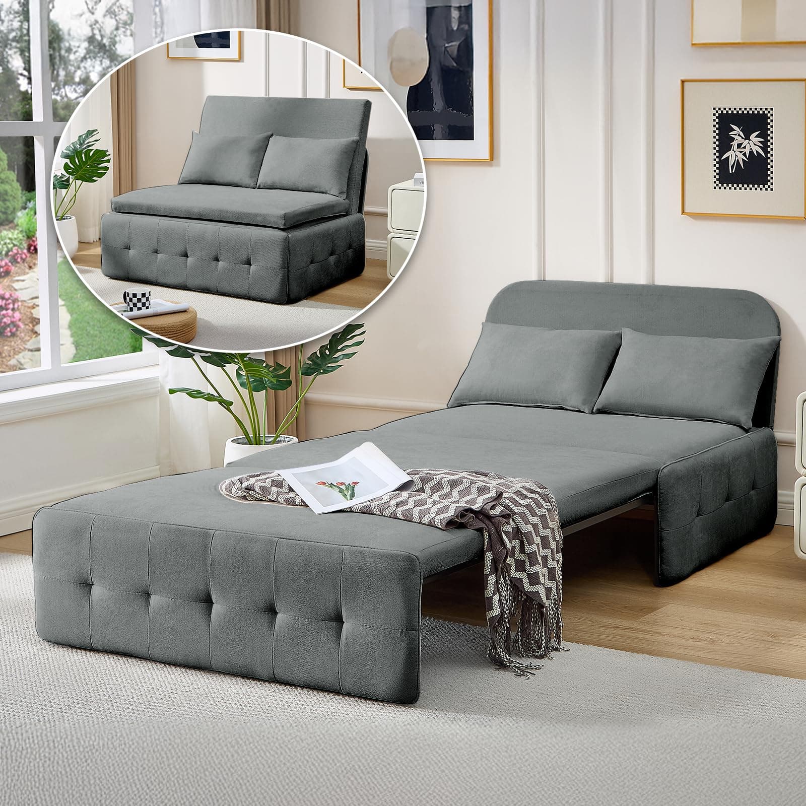 3-in-1 Dark Gray Convertible Sofa Bed, Pull-Out Twin Sleeper Couch for Living/Bedroom