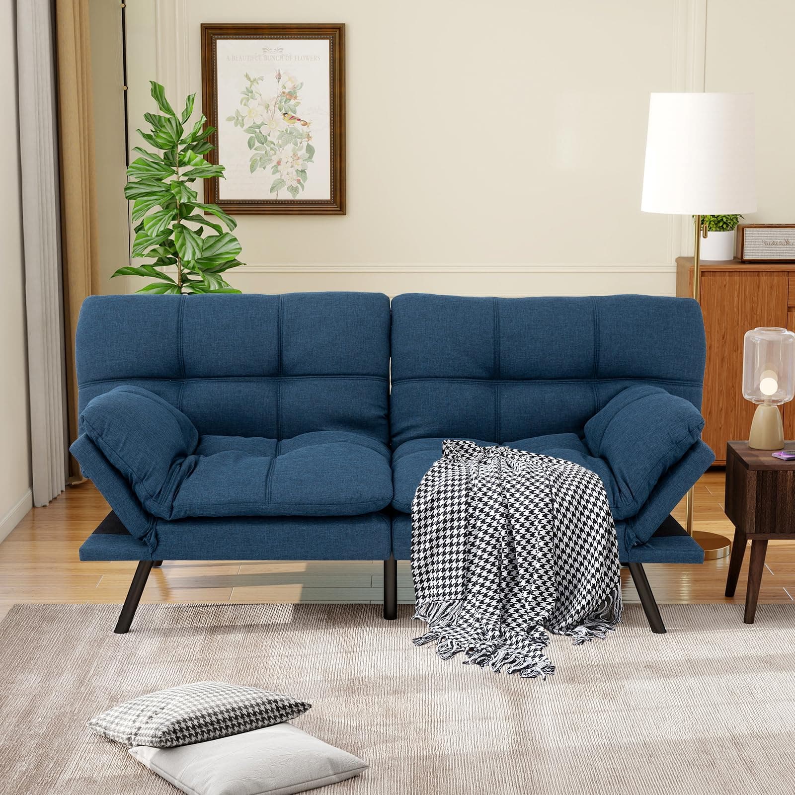 MUUEGM Blue Convertible Memory Foam Sofa Bed with Adjustable Backrest for Living Room
