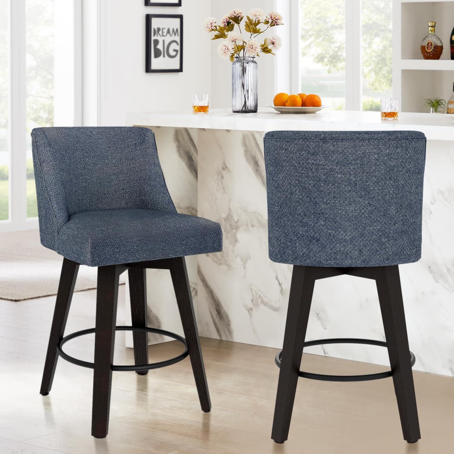 360°Swivel Bar Stools Set of 2 with High Backrest, Denim Blue