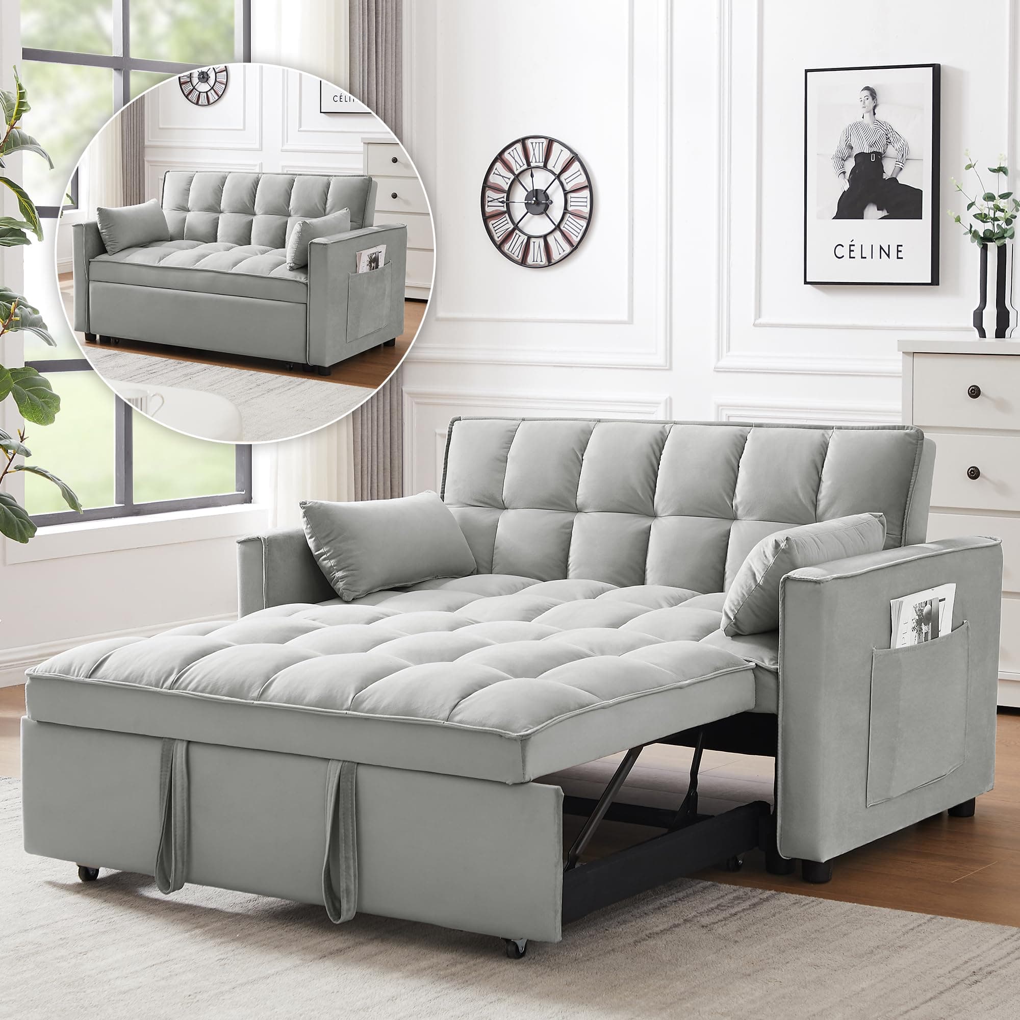 3-in-1 Grey Convertible Sleeper Sofa Bed with Side Pocket & Adjustable Backrest