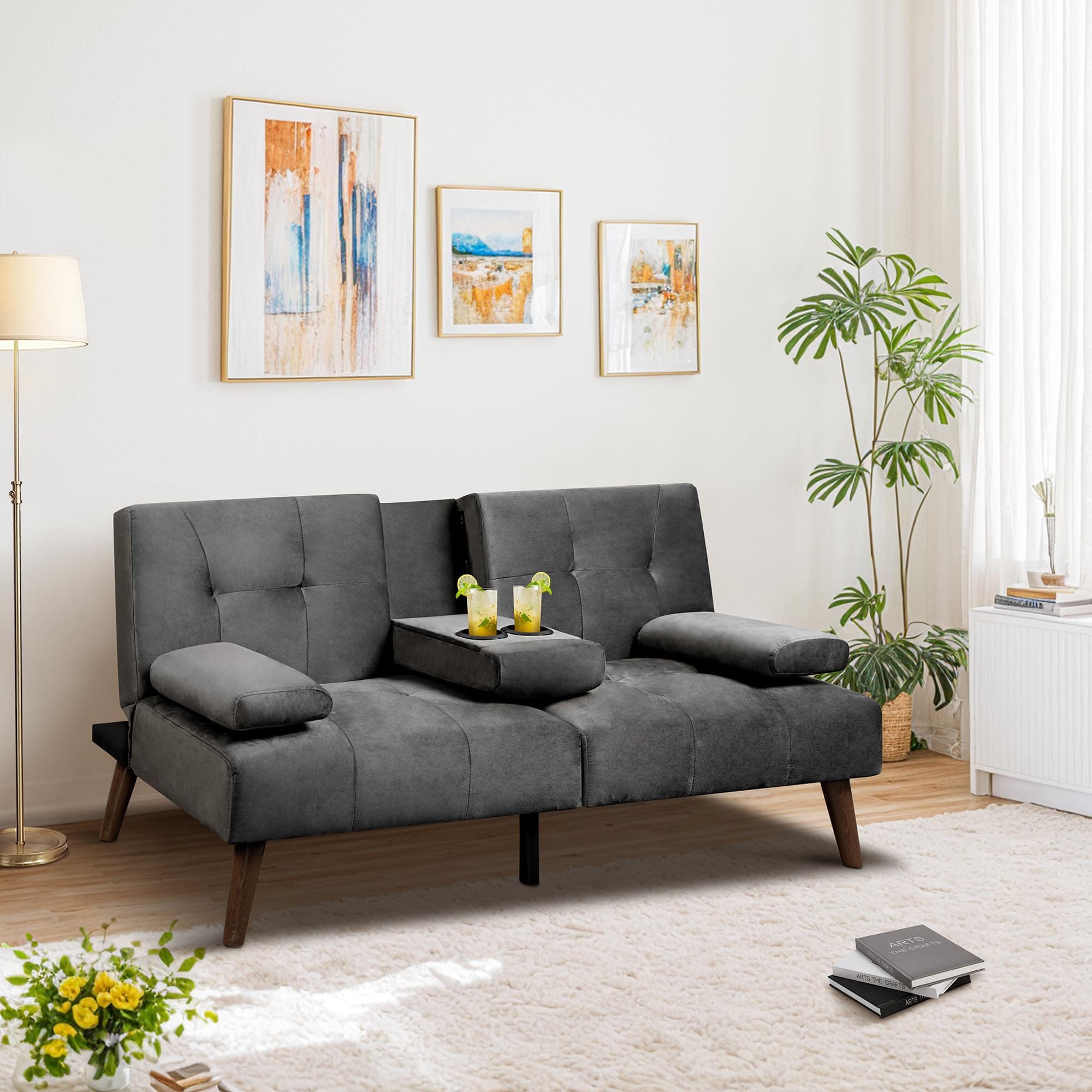 Walsunny Velvet Futon Sofa Bed with Cup Holder and Adjustable Backrest