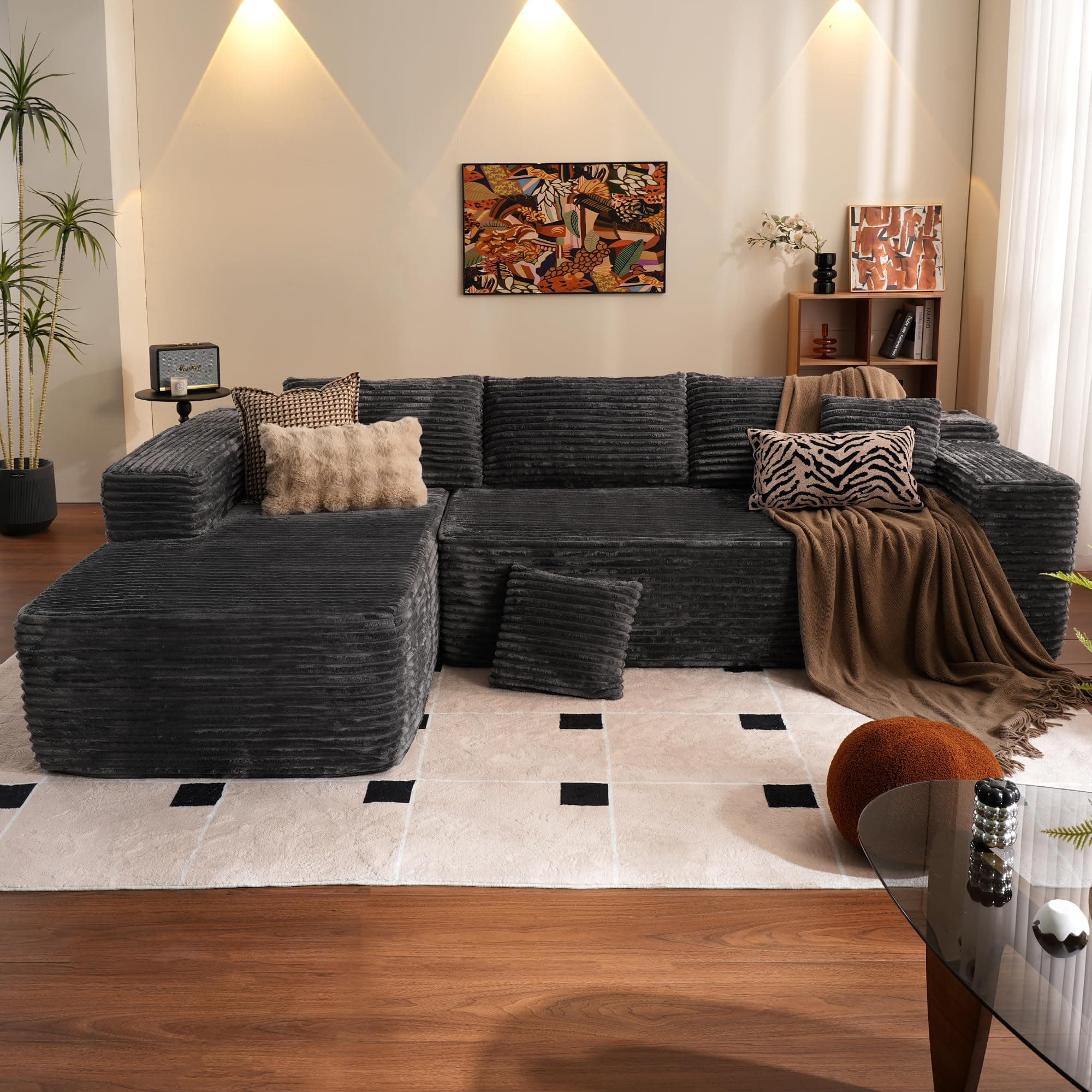 Ovios 104" Cloud Sectional with L-Shape Chaise, Plush Grey Corduroy Sofa