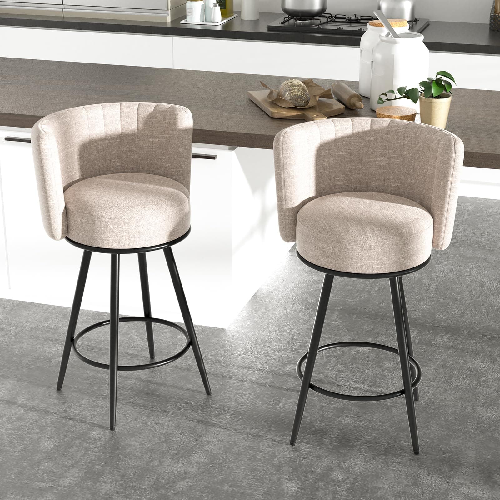 Beige Tufted Counter Height Bar Stools Set of 2, Modern Footrest Design