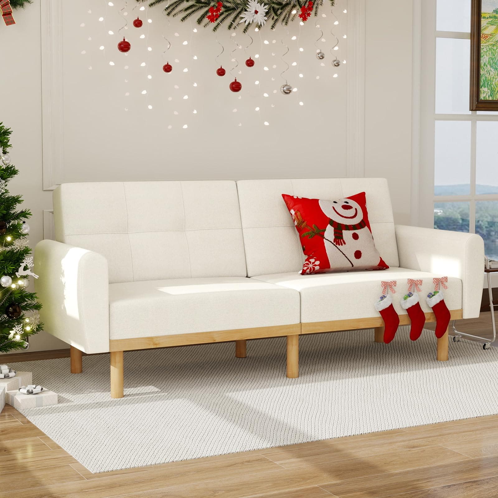 MUUEGM Beige 79.3" Convertible Memory Foam Sofa Bed with Adjustable Backrests