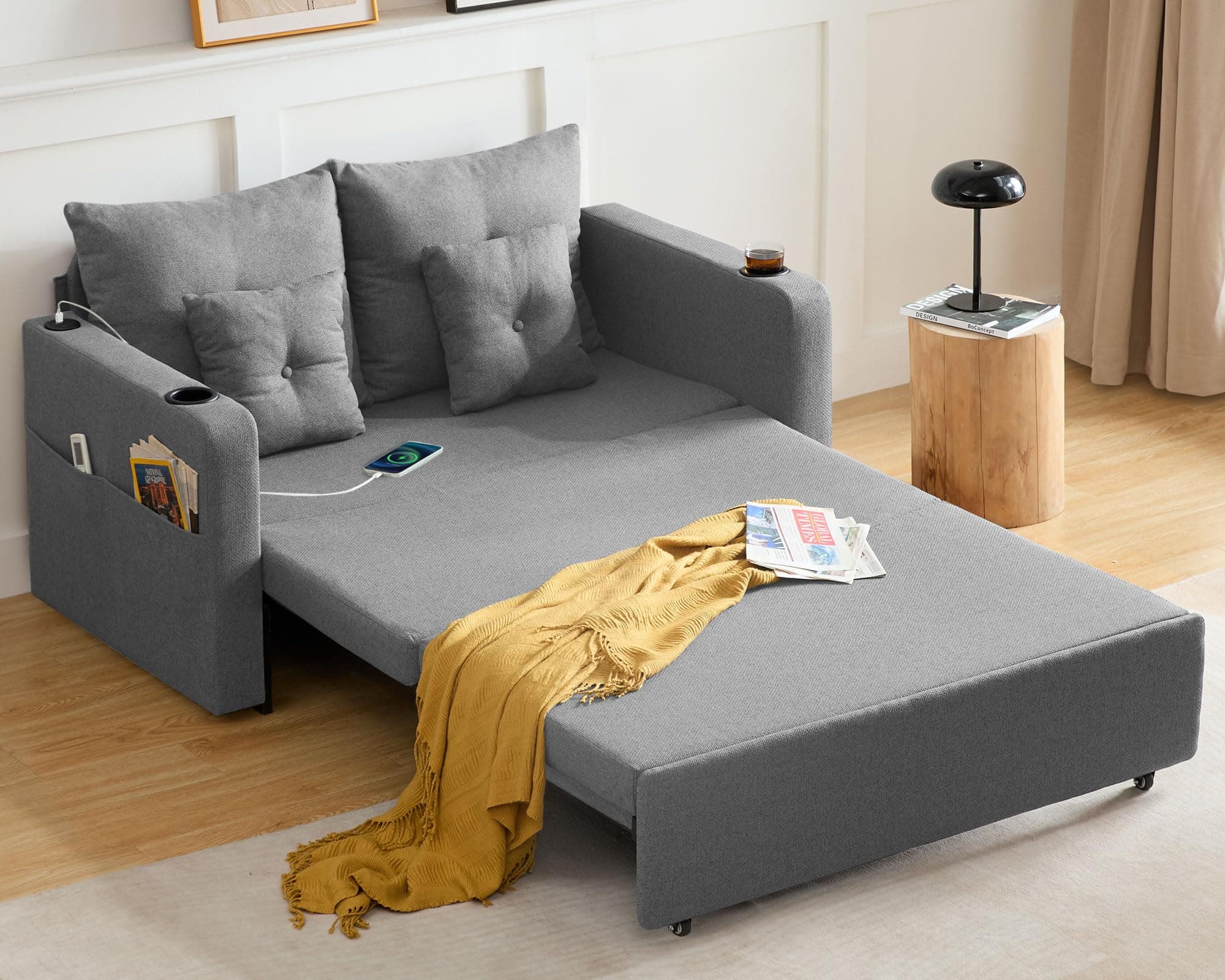 3 in 1 Full Size Loveseat Sleeper Sofa with Storage, USB, Grey