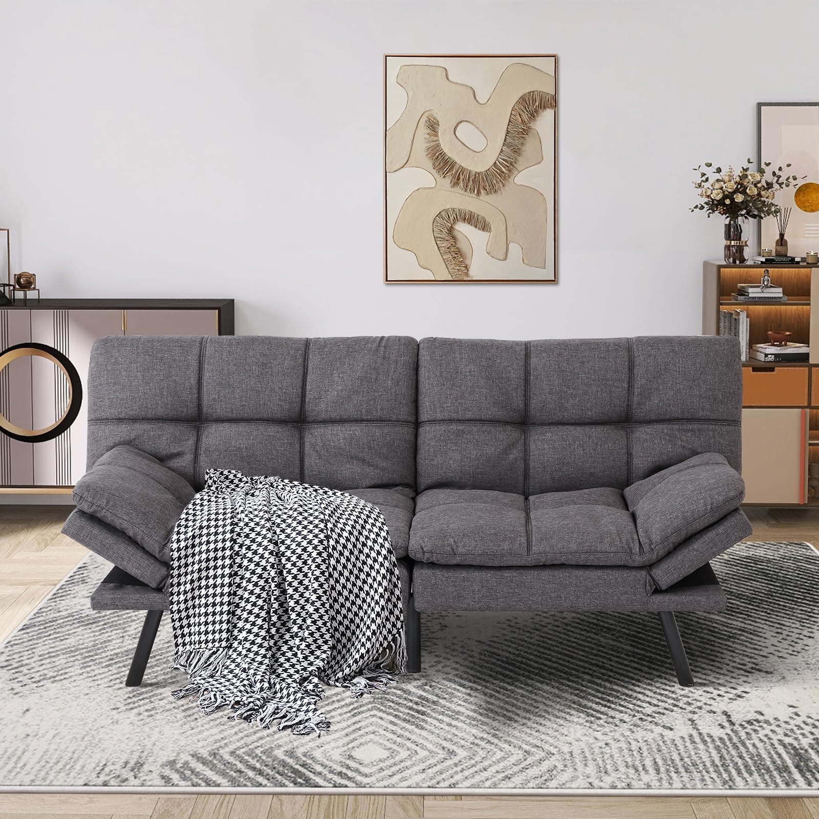MUUEGM Dark Gray Fabric Ajustable Backrest Folding Futon Sofa for Small Spaces