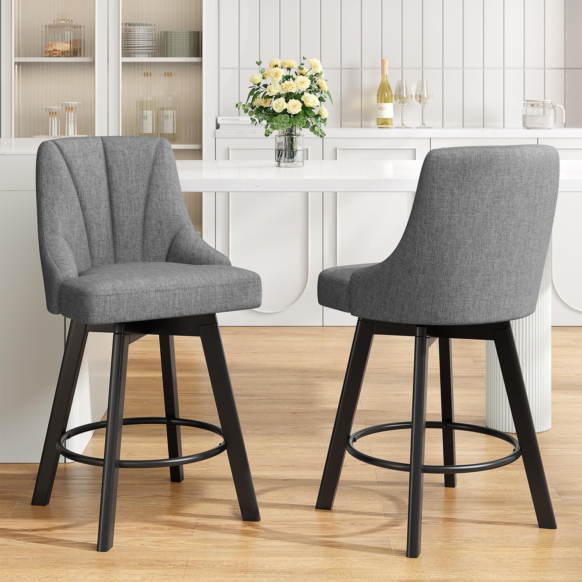 Dark Gray Fabric Upholstered Counter Height Bar Stools with Back, Set of 2