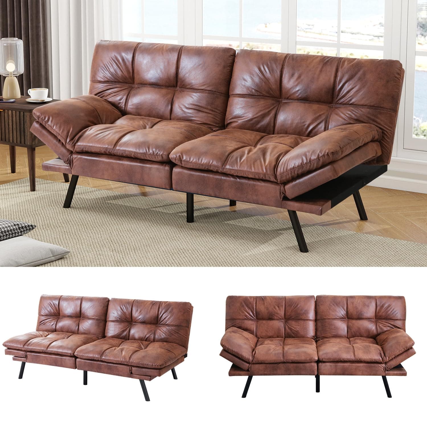 MUUEGM Brown Faux Leather Recliner Sofa Bed for Small Spaces