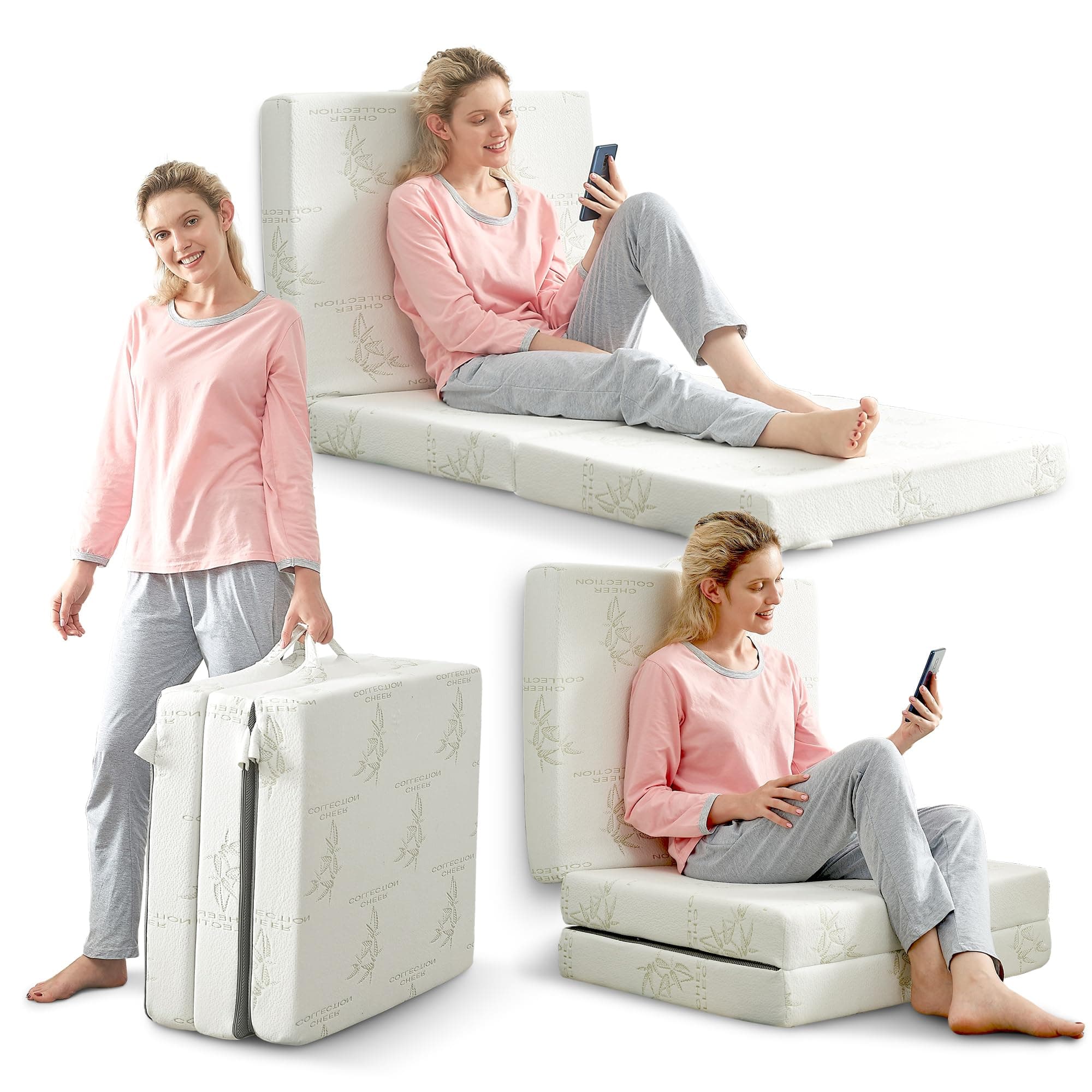 Cheer Collection Tri-Fold Mattress - Portable 4" Thin Foam for Sleepovers, Camping & Guests