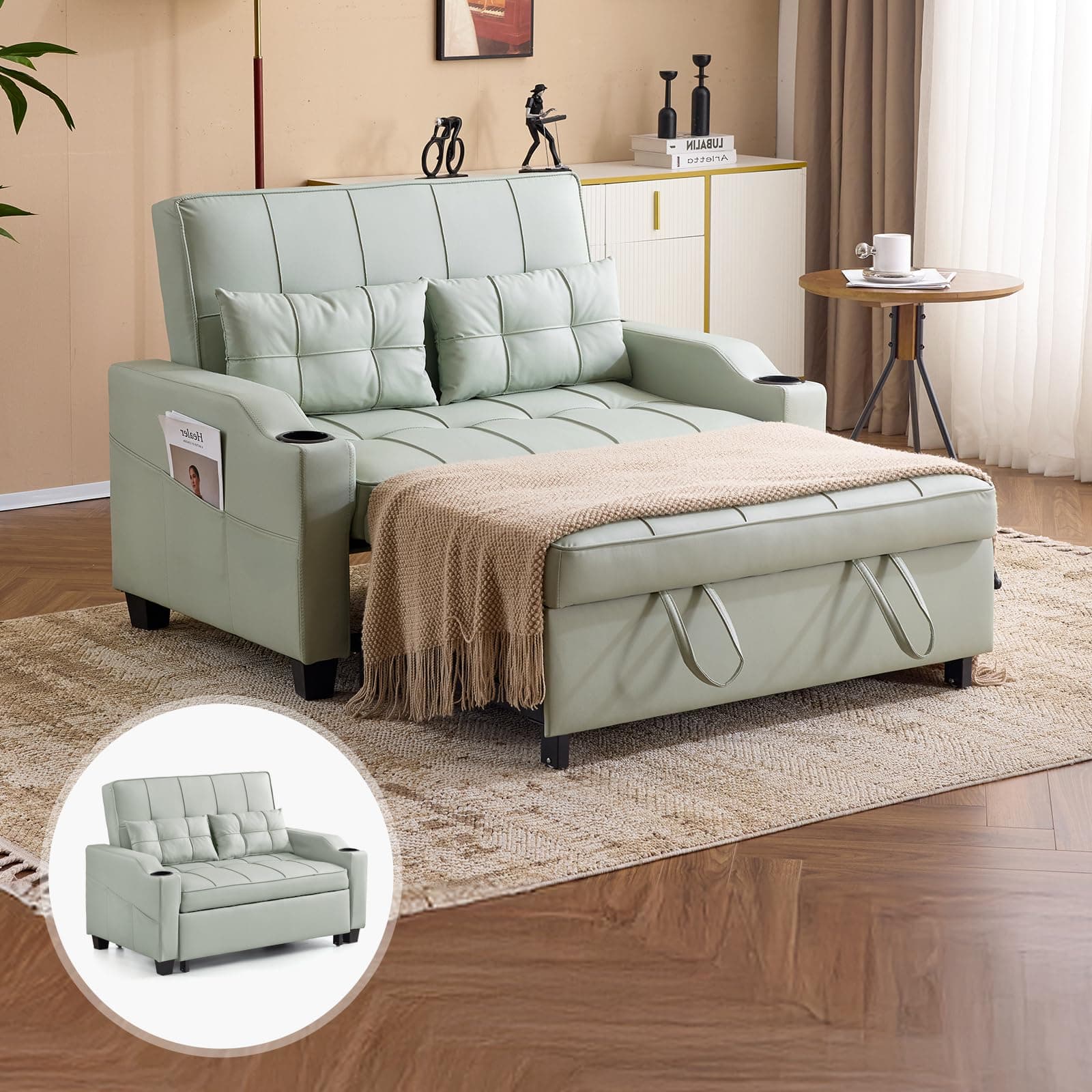 VINGLI Light Green Futon Loveseat with USB Ports & Cup Holders