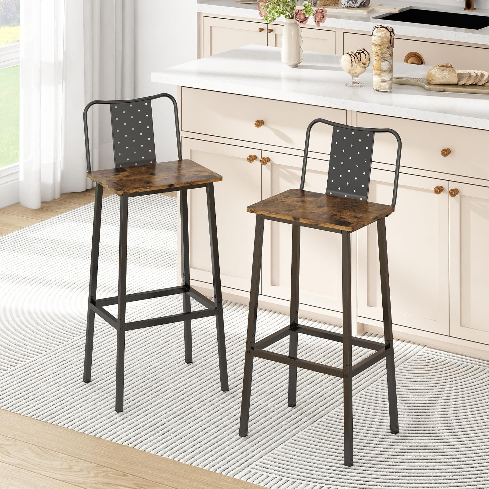 GILLAS Rustic Brown Bar Stools with Backrest and Footrest, Industrial Style