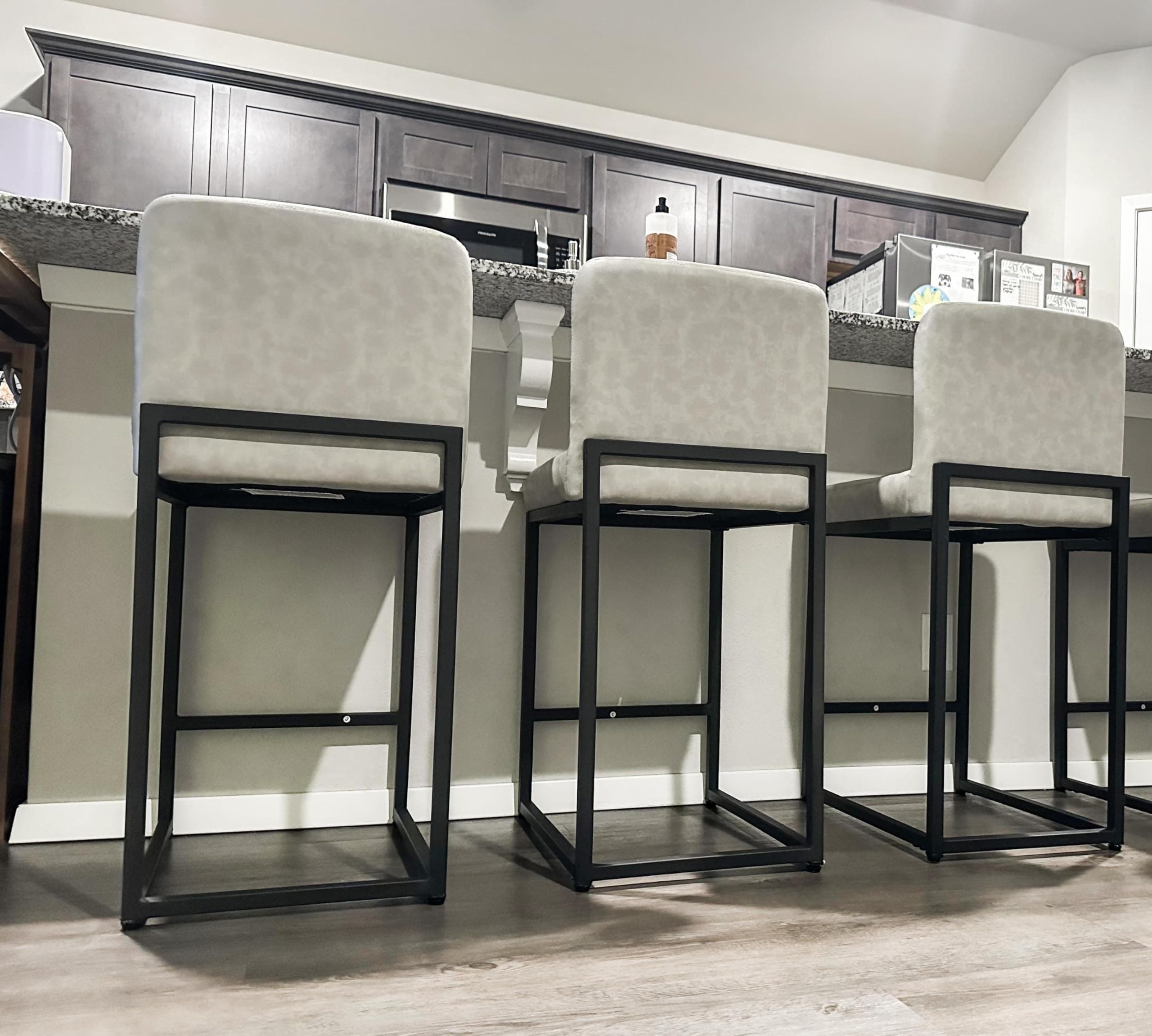 ALPHA HOME Light Gray 24" Counter Height Bar Stool Set of 3 Pu Leather Backrest Footrest Steel Frame