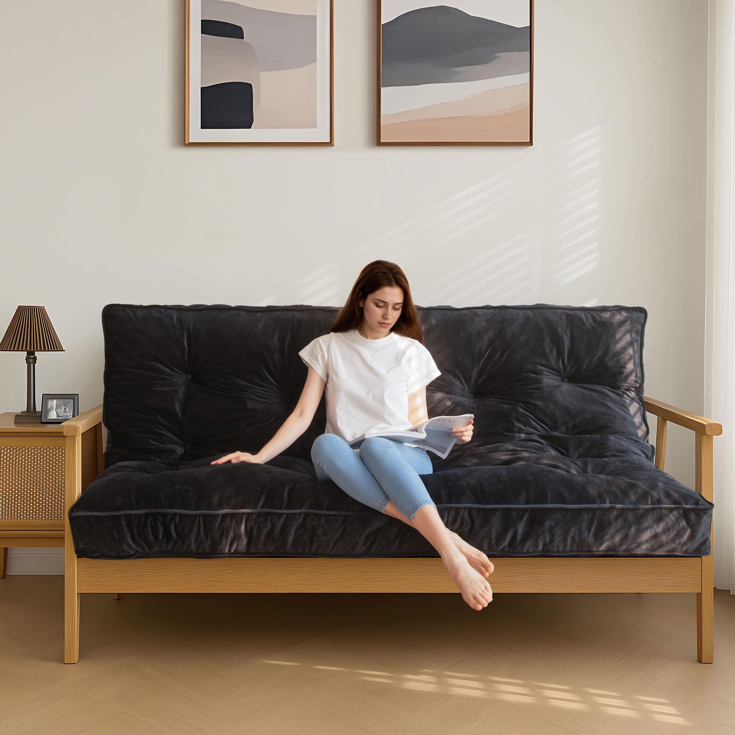 MAXYOYO Full Size Velvet Thick Futon Mattress, Shredded Foam Filling, Black