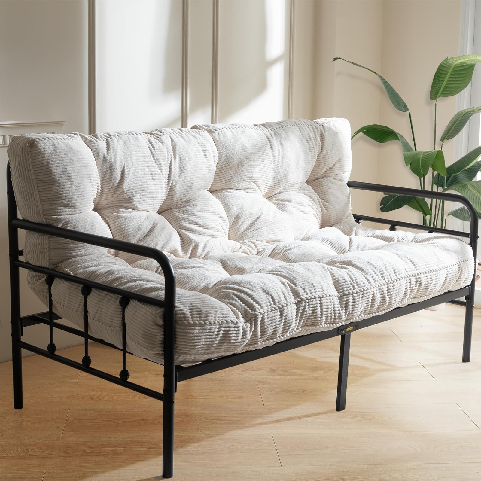 MAXYOYO 6" Tufted Queen Futon Mattress with Twisted Rope Edging, Thick Fabric & Shredded Foam (Beige)