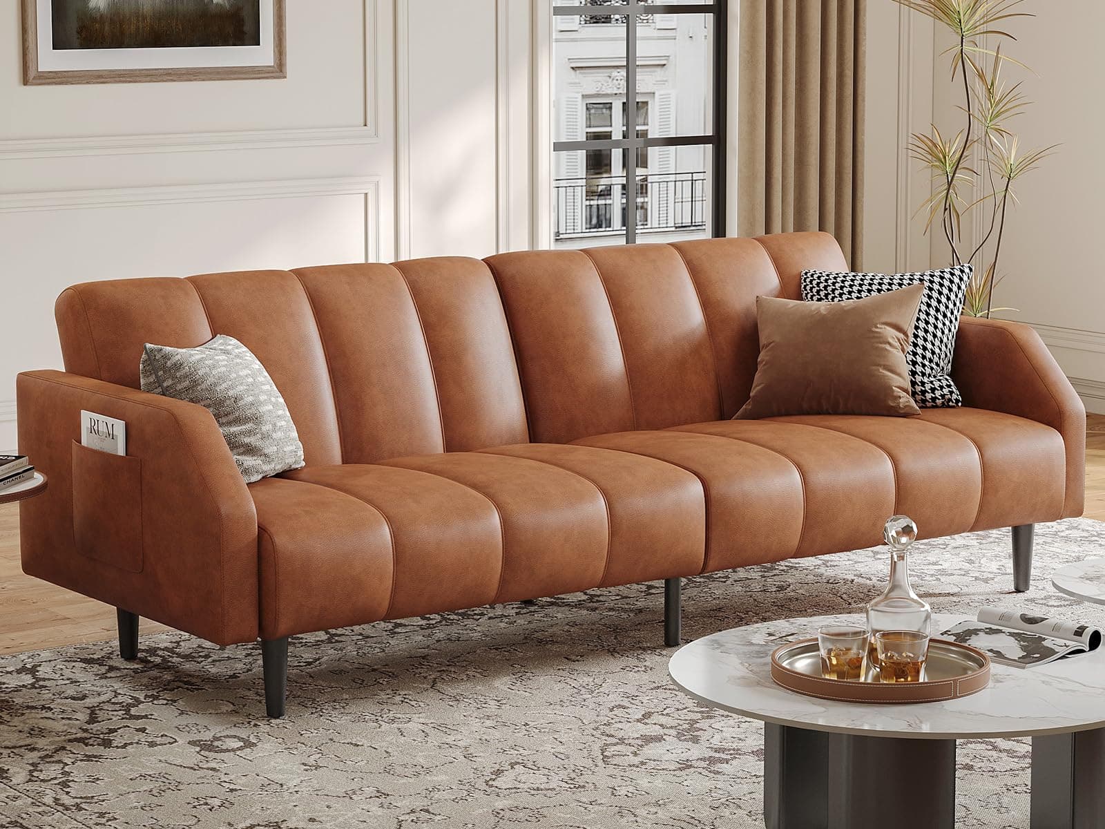 Fadware 78" Adjustable Faux Leather Futon Sleeper Couch, 2 Seater Brown