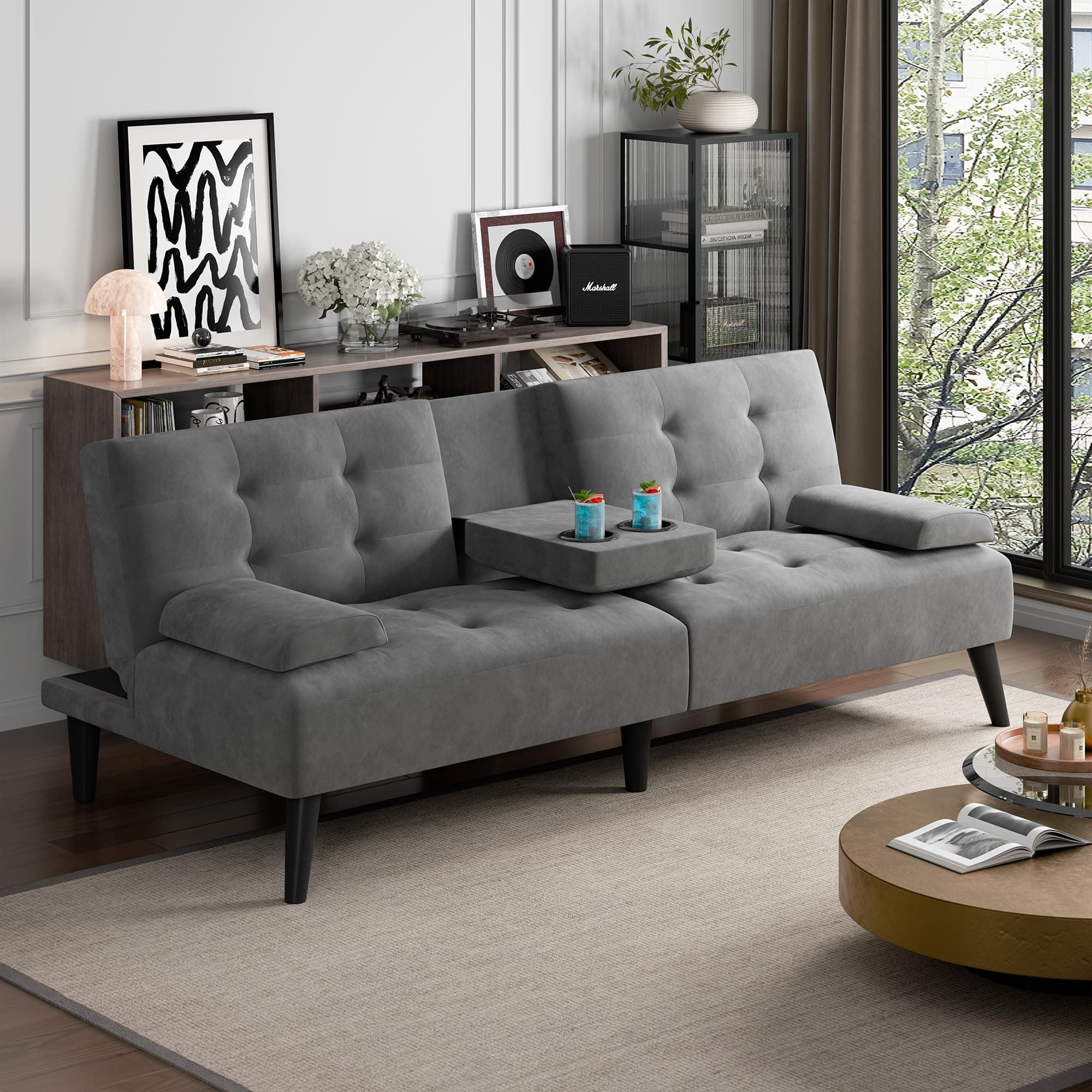 JAMFLY Dark Grey Velvet Futon Couch Bed with Cup Holder