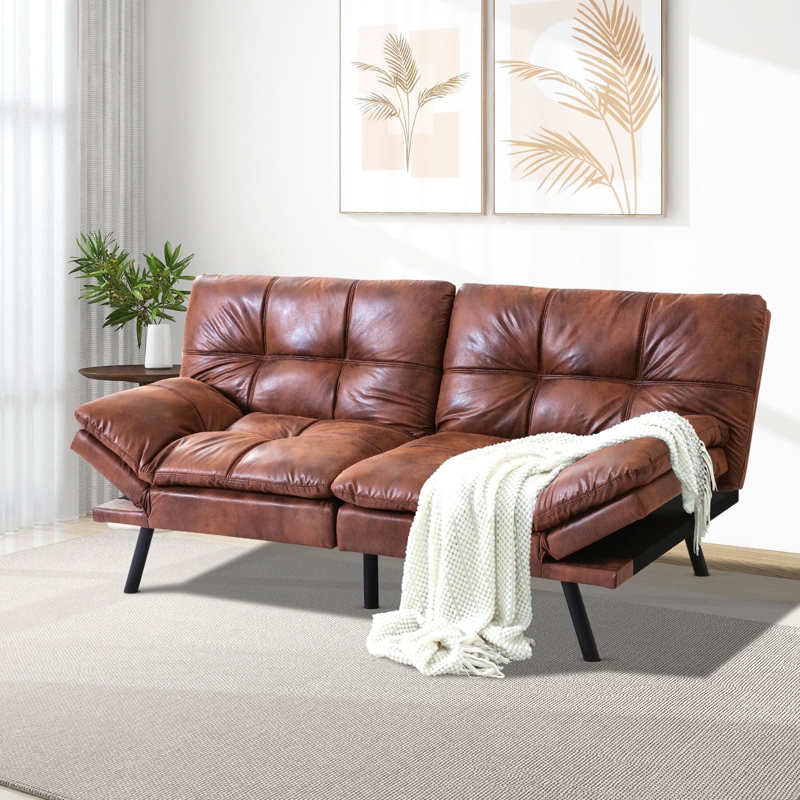 Convertible Leather Futon Sofa Bed, Memory Foam Sleeper, Adjustable Armrest & Backrest Loveseat - Brown