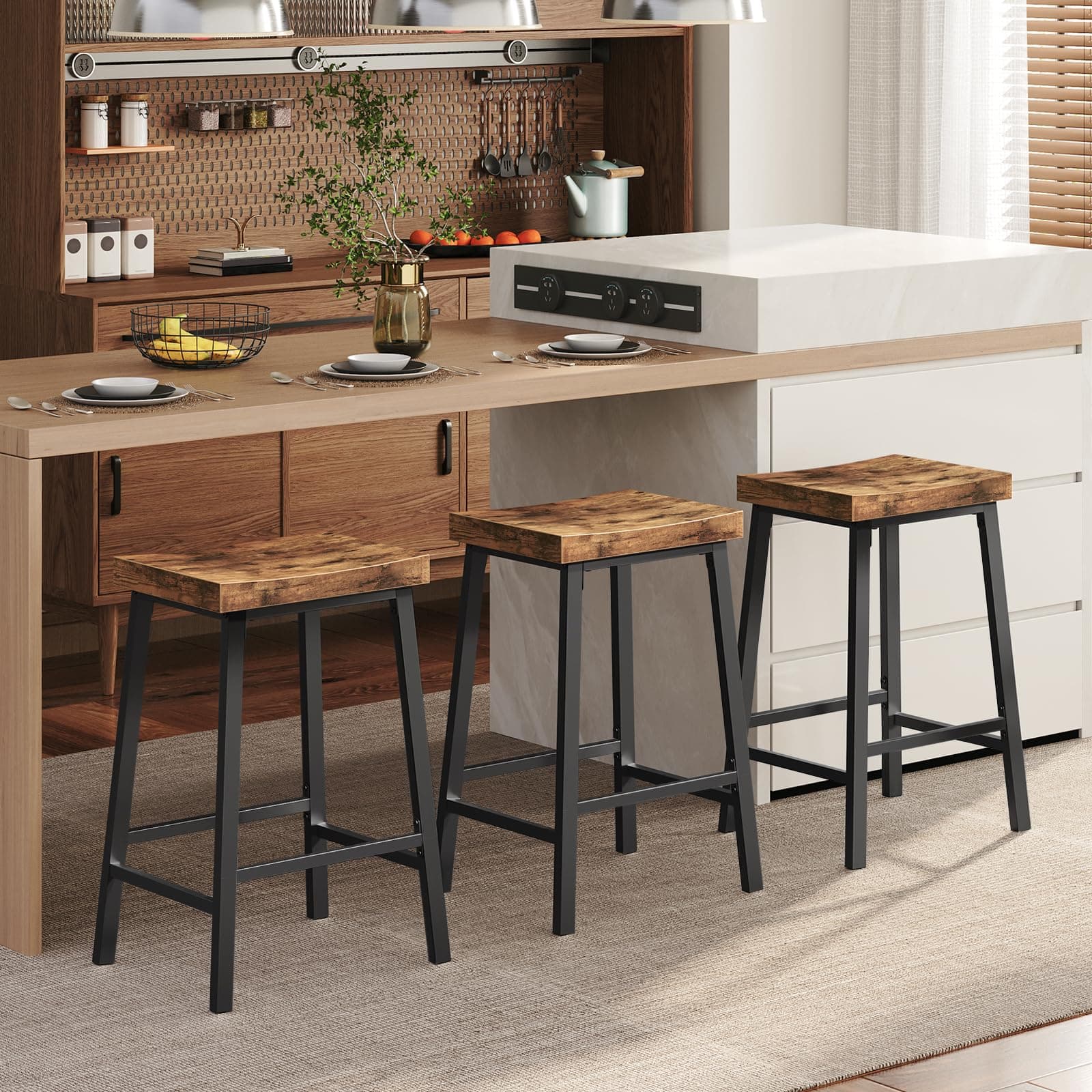 Industrial Style 23.7" Saddle Bar Stool Set, Rustic Brown and Black BAHR0801N1