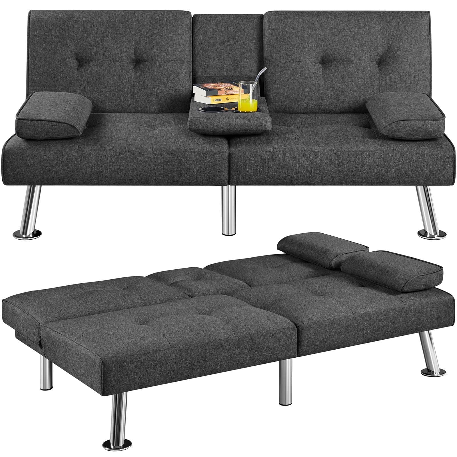Yaheetech Dark Gray Reversible Couch Bed with Removable Armrests & Cup Holders