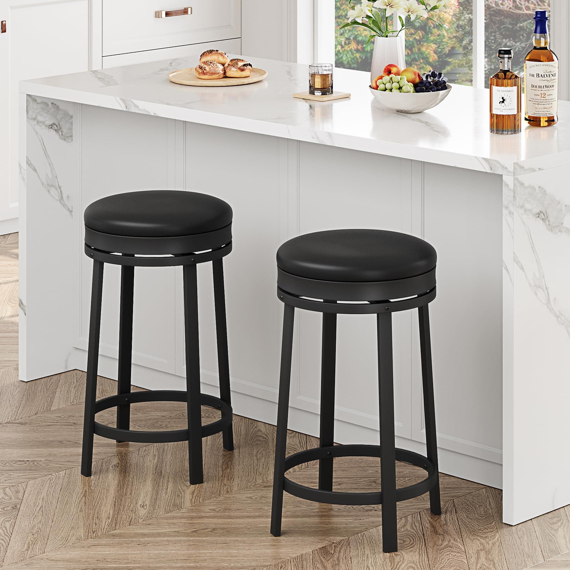 IDEALHOUSE Black Swivel Bar Stools Set of 2 with Footrest