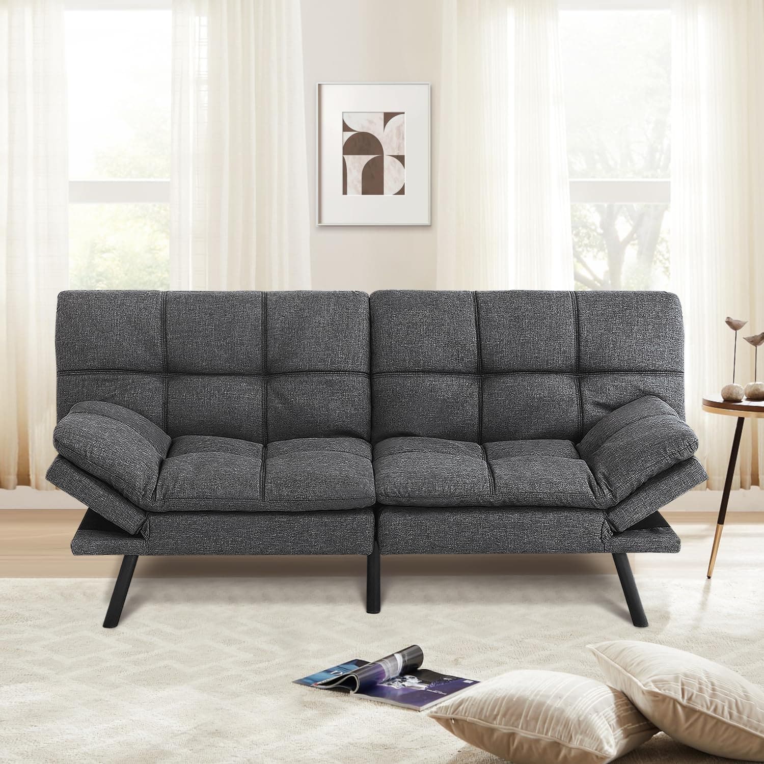 MUUEGM Linen Dark Grey Memory Foam Convertible Futon Couch Bed, 71" Adjust Backrest Armrests.
