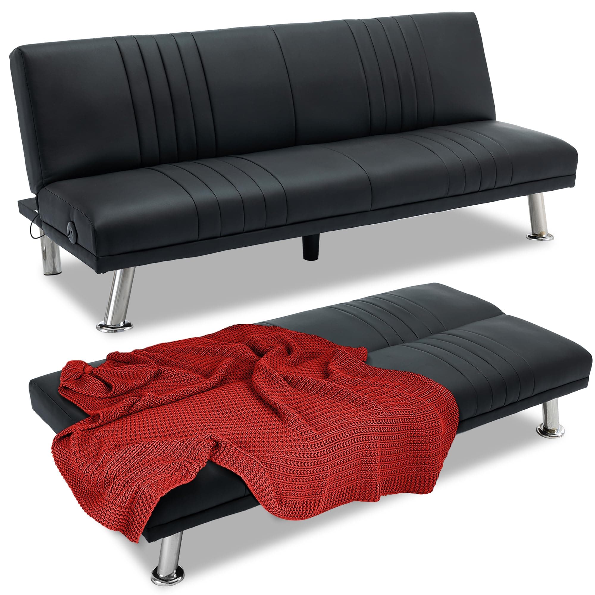 VECELO Modern Convertible Couch Bed, Faux Leather Futon, Black